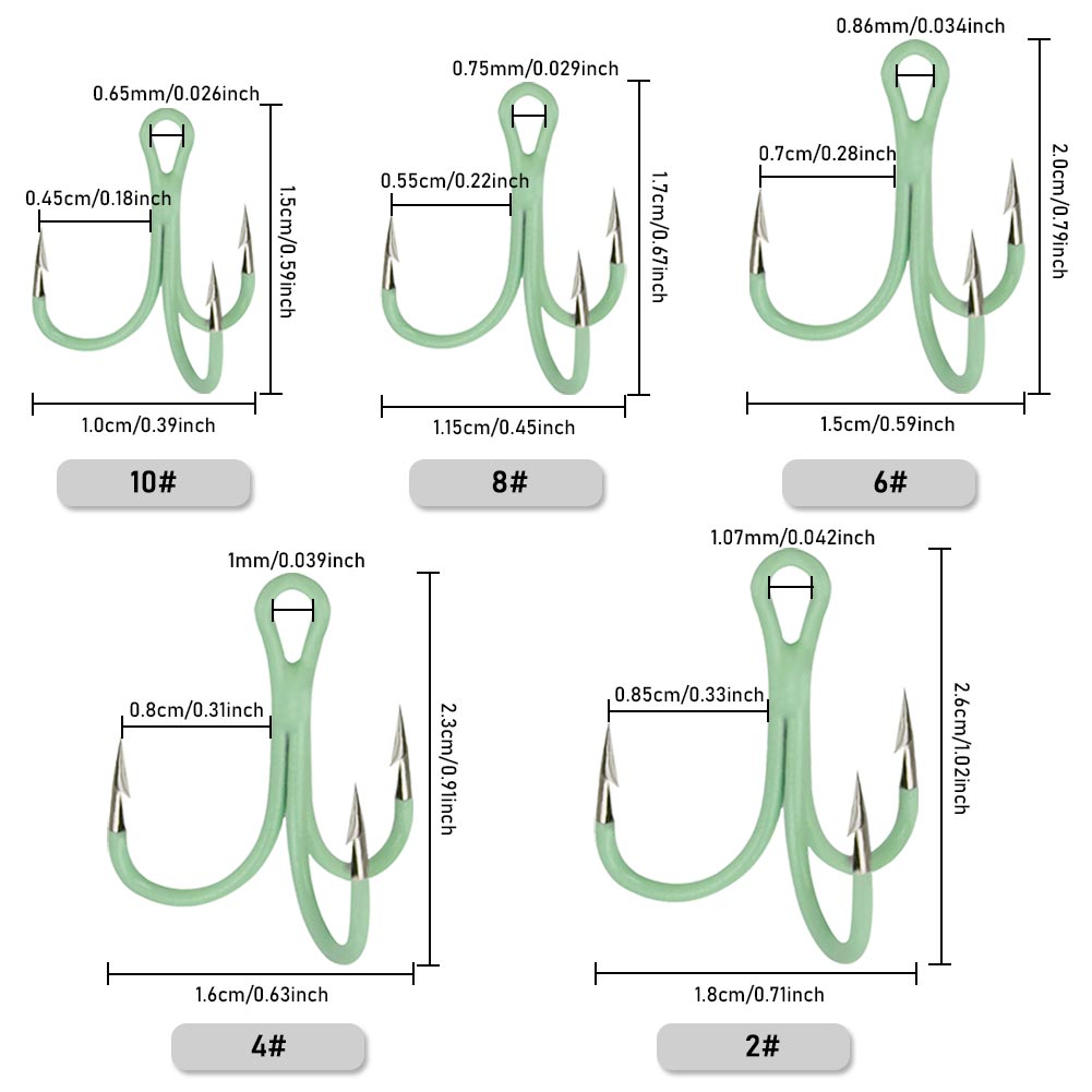 FREE FISHER 50pcs Fishing Hooks High Carbon Steel Luminous Treble Hooks Mixed Size with Plastic Box 2-10# Triple Fishhook for Sea Fishing