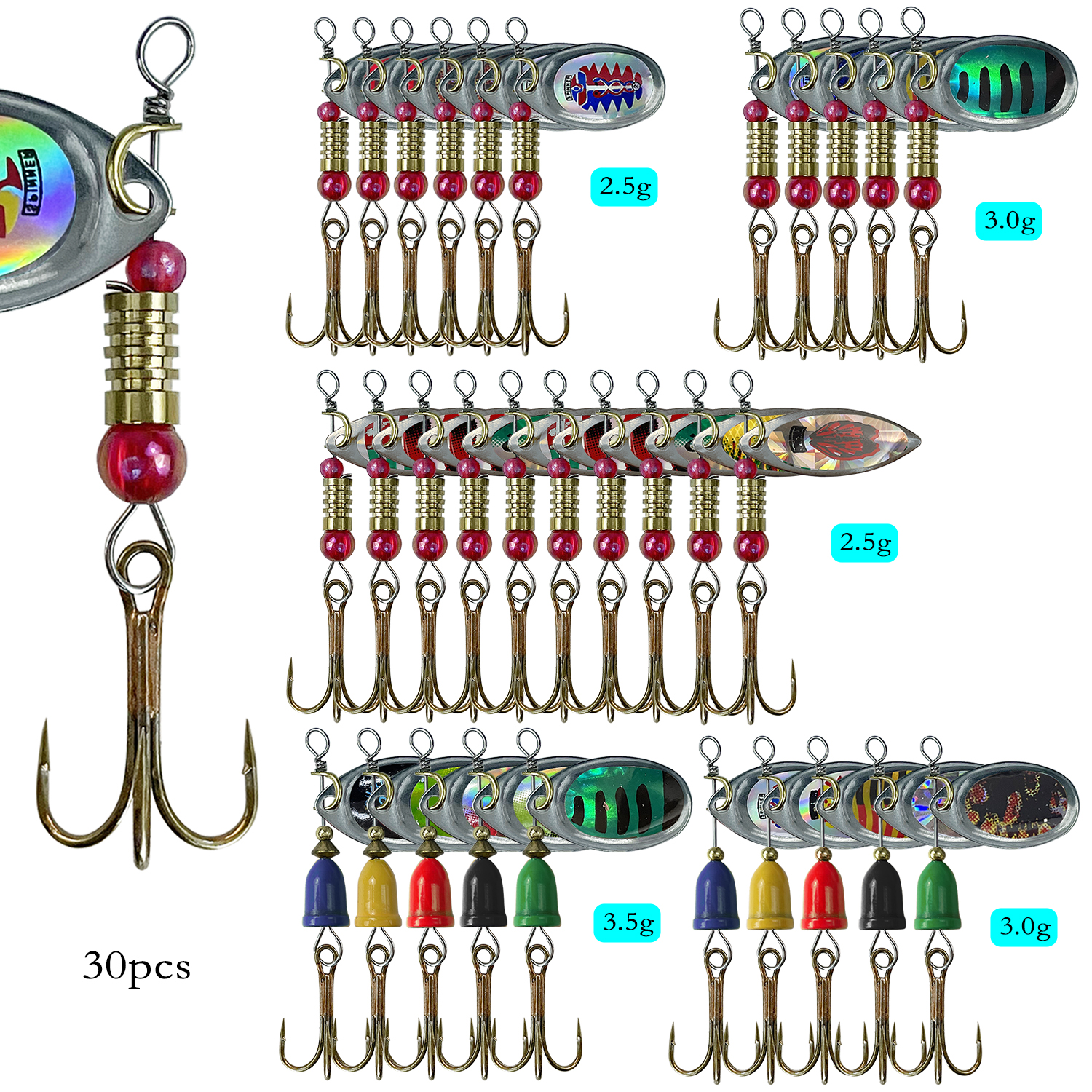FREE FISHER 30pcs/set Assorted Metal Spinners Fishing Lures Spoon Crankbait Spinnerbaits Laser Sequins with Treble Hooks for Bass Pike Trout