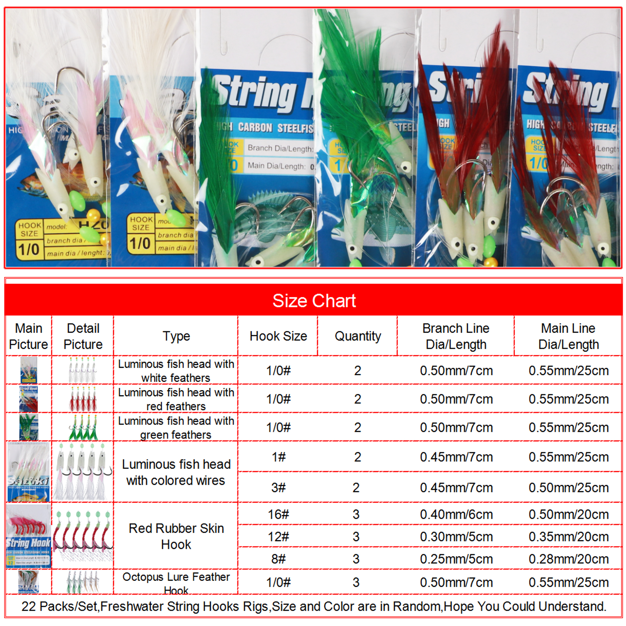 FREE FISHER 22 Pieces Fishing Rigs With Luminous Glow Bead Feather Fish Skin String Hooks Mix Size Fishing Lures for Freshwater