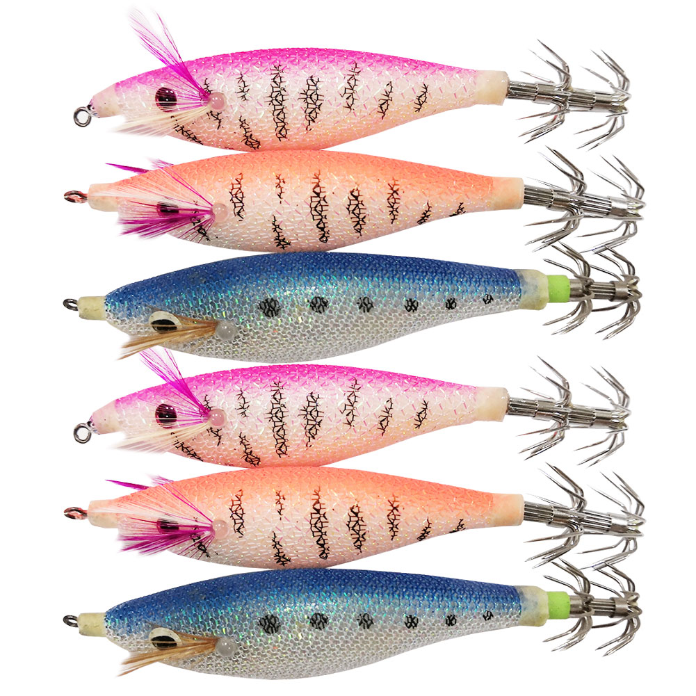 FREE FISHER Fishing Luminous Squid Wood Shrimp Lures Octopus Squids Cuttlefish Jigs Lures Spinnerbait Wood Shrimp Jig Hooks for Sea Fishing