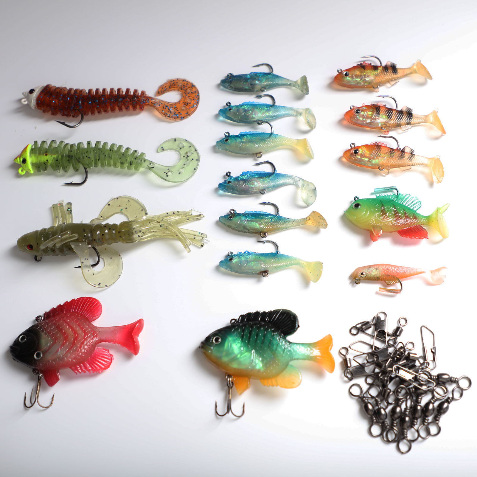 FREE FISHER Fishing Artificial Baits Set 36pcs with Clear Plastic Box Lead Fish Big Soft Wobbler Lures Stainless Steel Swivels for Carp Fishing