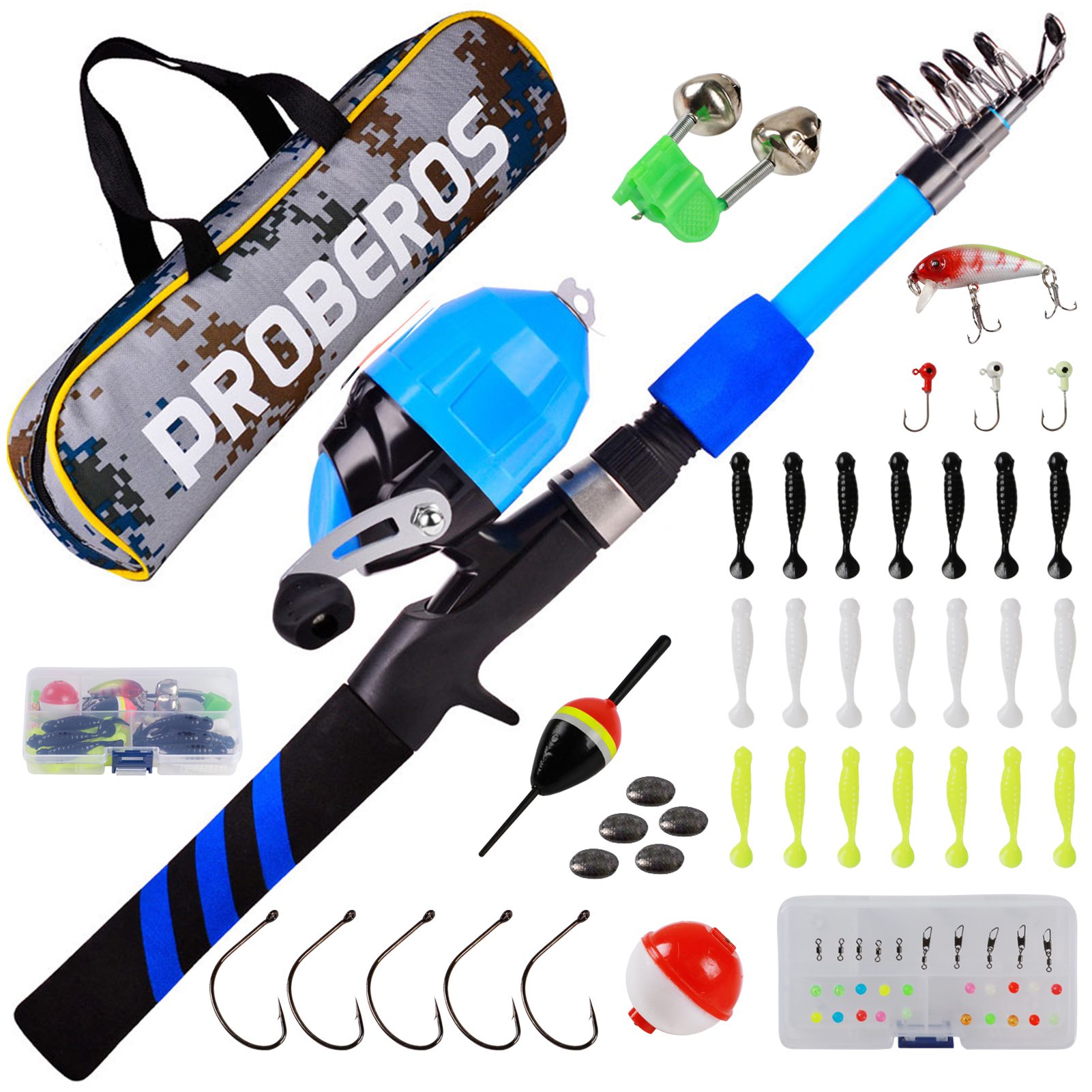 FREE FISHER Fishing Rod Combo Drum Reel Soft Lures Telescopic Fish Pole Hooks Floats Swivels Lead Sinkers Fishing Tackles Set Bag for Kids