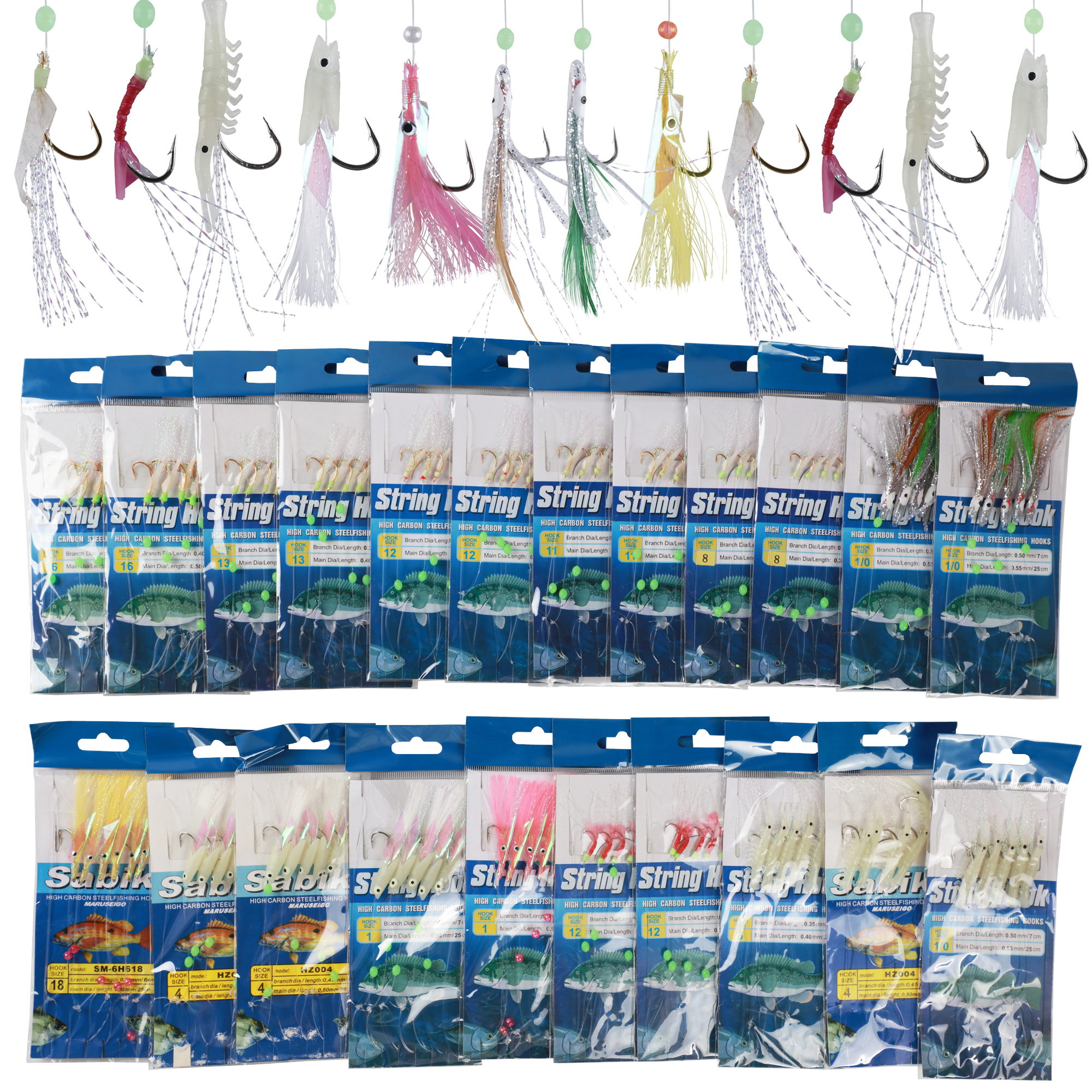 FREE FISHER Assorted 22Pcs/Pack Freshwater Fishing Lumious Fishing Bait Rigs Fish Skin/Feather Hooks String Hooks Nylon Line Swivels Beads