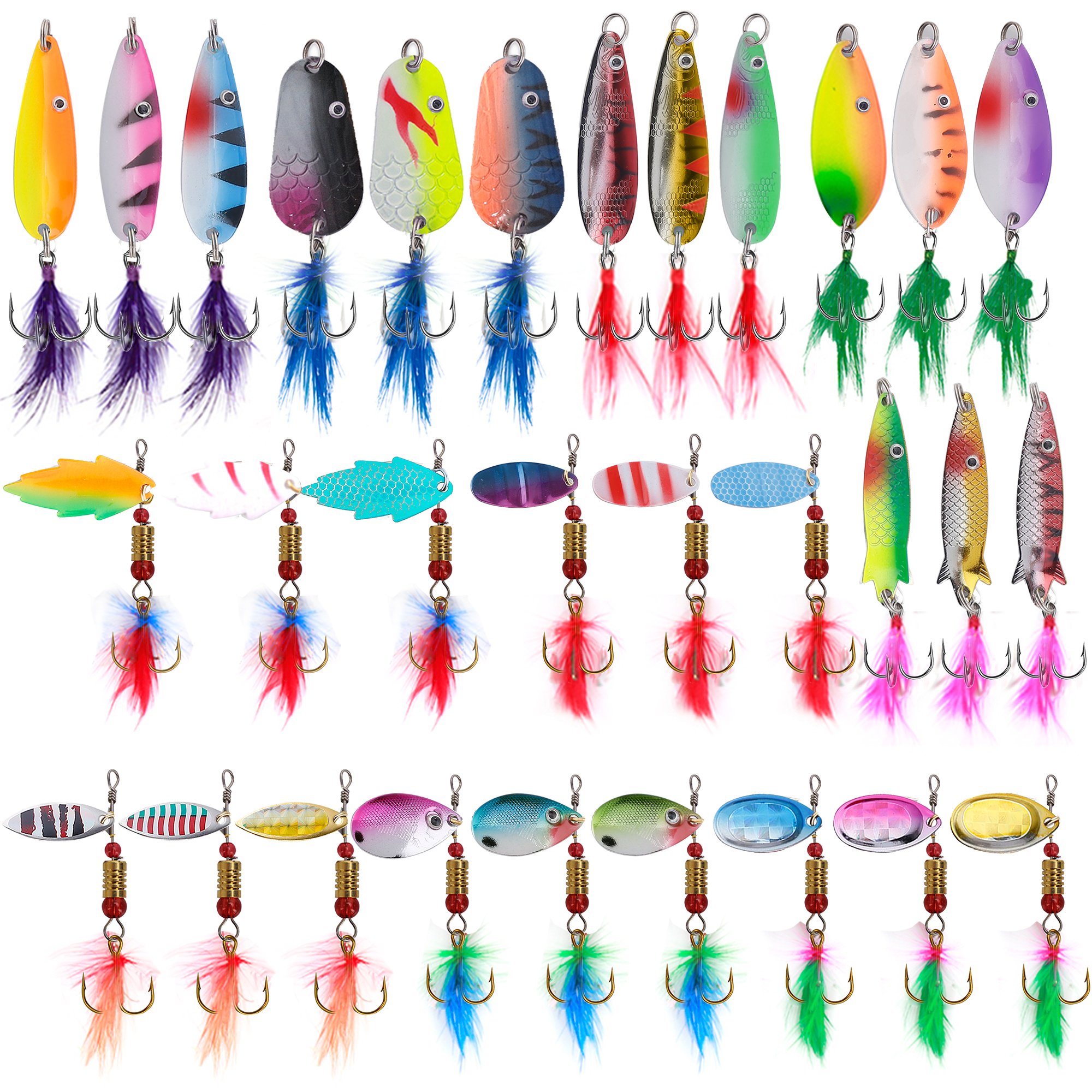 FREE FISHER 30pcs Metal Spoon Lures Fishing Spinnerbaits Kit Rotation Sequins Swimbait wuth Feather Hooks for Trout Pike Salmon Bass