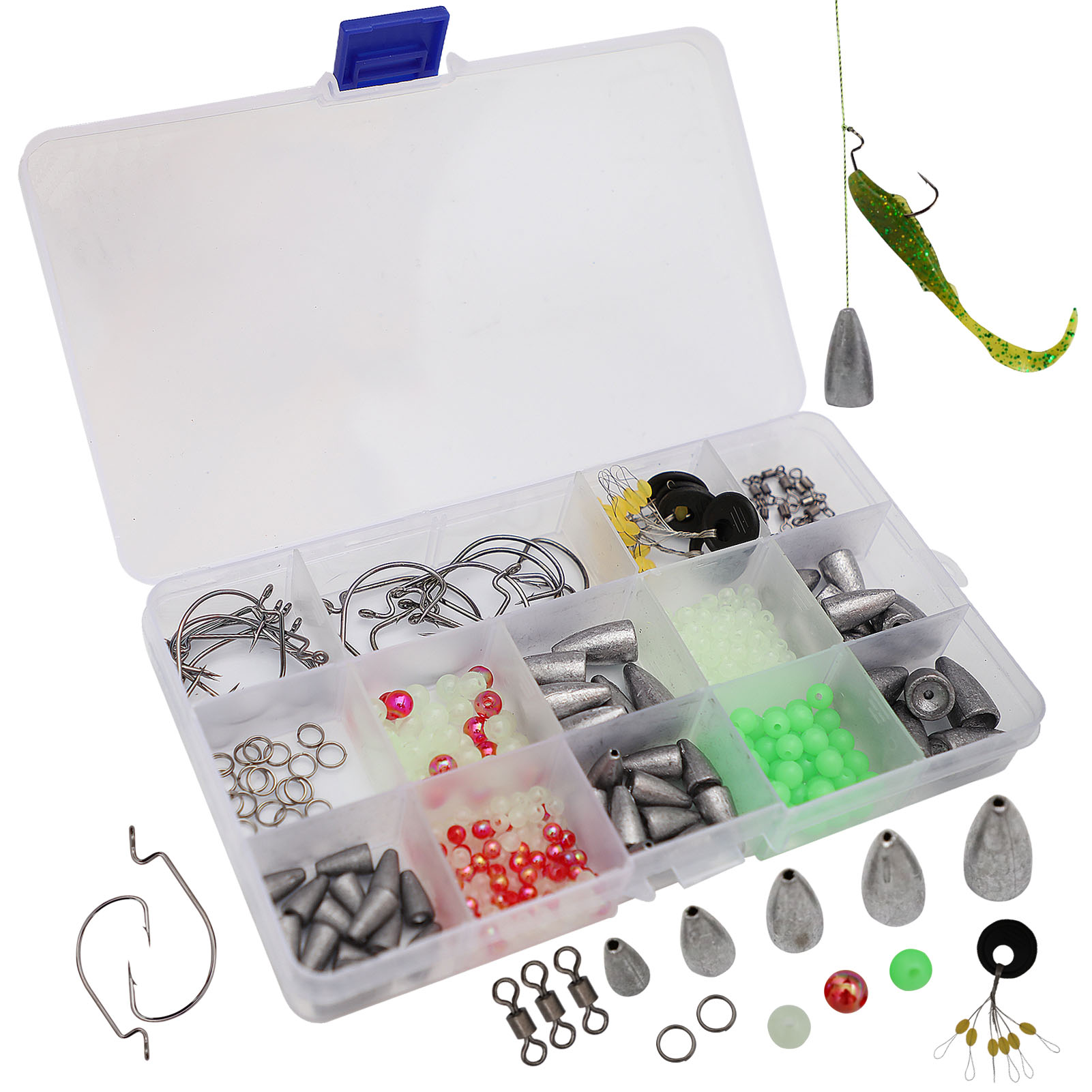 FREE FISHER 185/145pcs Fishing Weights Set Bullet Lead Sinkers Rotating Swivels Crank Hooks Luminous Beads with Clear Box for Bass/Car
