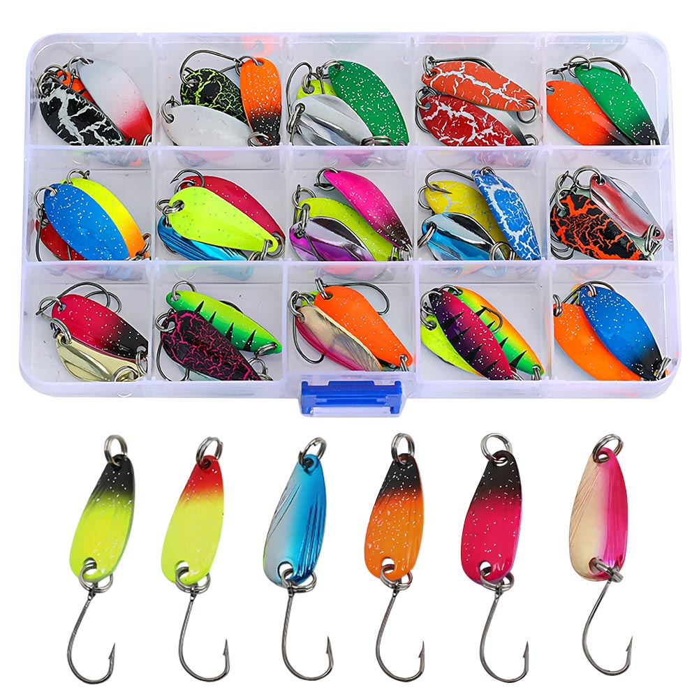FREE FISHER Fishing Trout Bait Metal Spoon Lures Wobbler Casting Jigging Artificial Laser Spinner Baits Set Horsemouth Sequins with Fishing Tackle Box