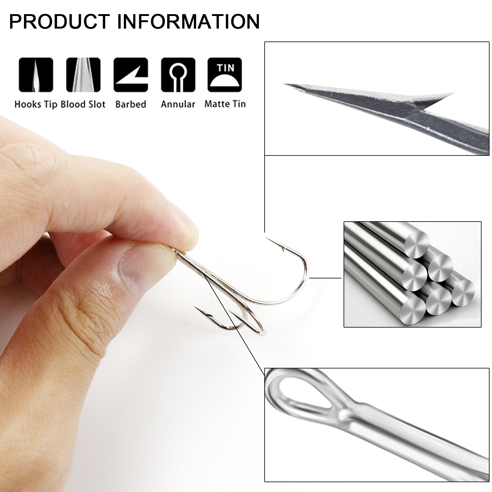 Fishing Hooks Set 105pcs/Box Scorpion Silver Mixed Size Triple Hooks High Carbon Steel Sharp Treble Hooks with Eye