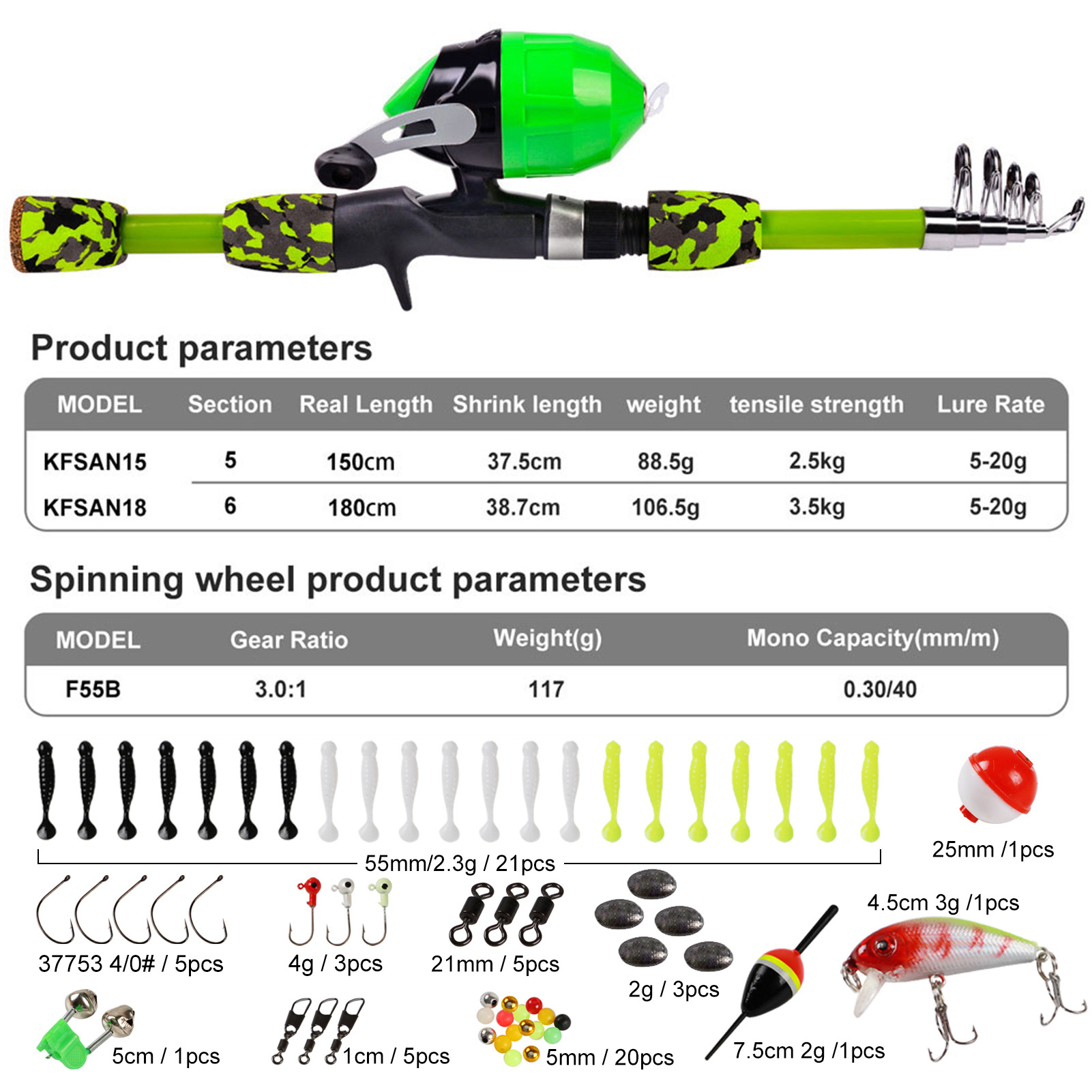 FREE FISHER Fishing Rod Combo Drum Reel Soft Lures Telescopic Fish Pole Hooks Floats Swivels Lead Sinkers Fishing Tackles Set Bag for Kids