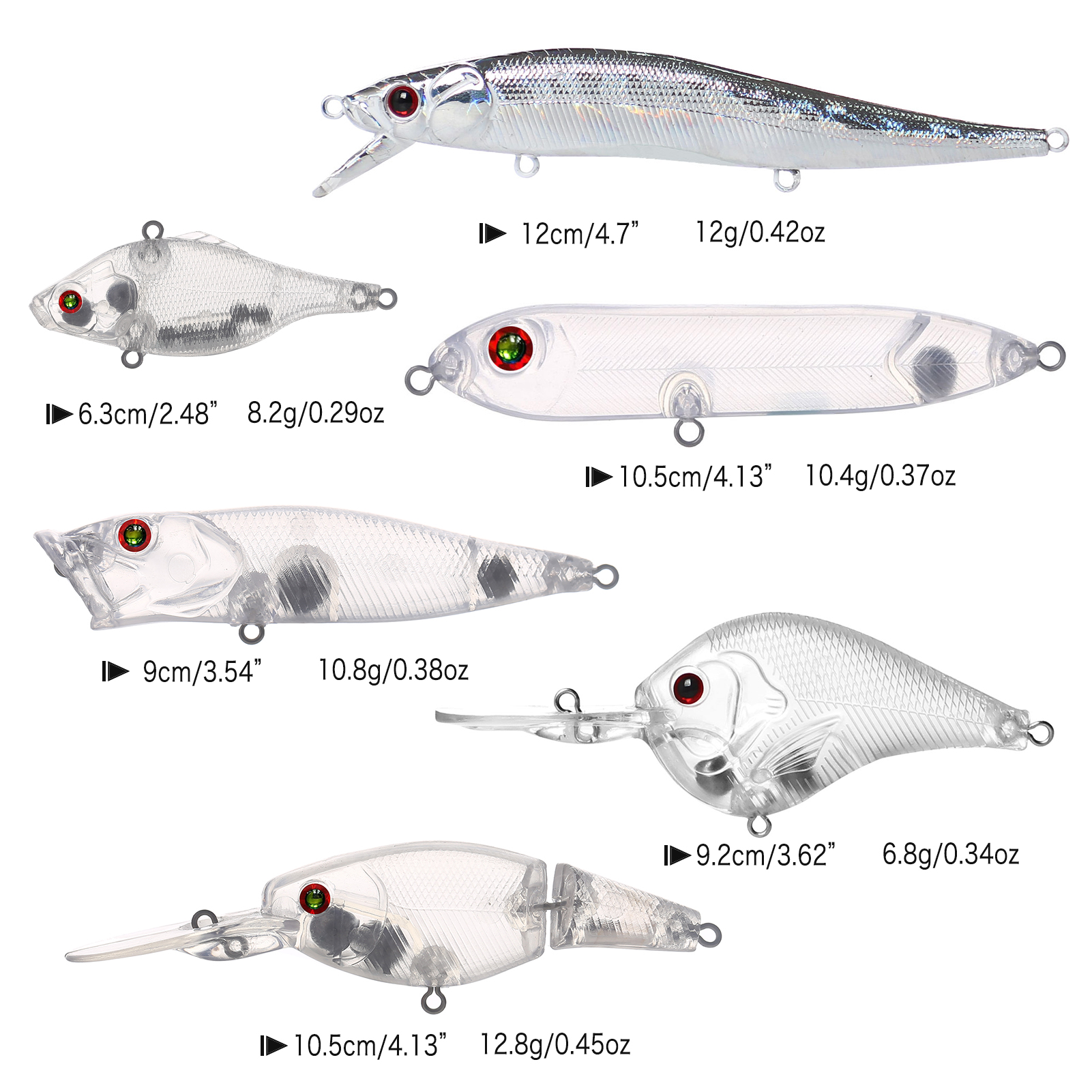 FREE FISHER 30pcs Mixed Unpainted Lures Fishing Blank Baits Set Crankbaits Minnows Pencil Blures VIB Clear Baits Naked Bait Embryo with 3D Eyes