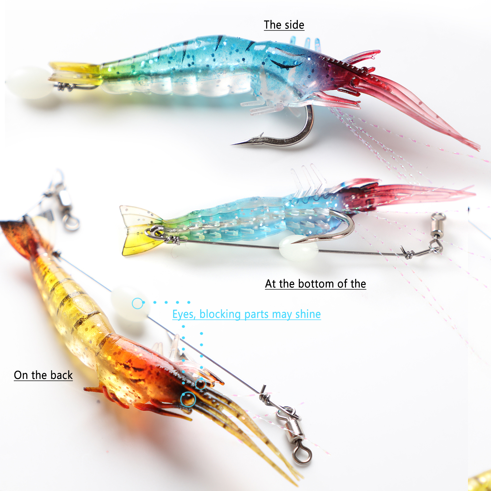 FREE FISHER Fishing Baits 15Pcs Soft Shrimp Lures 9cm 5.5g Luminous Artificial Baits Silicone with Single Hook Swivel Bead Anzois Rigs