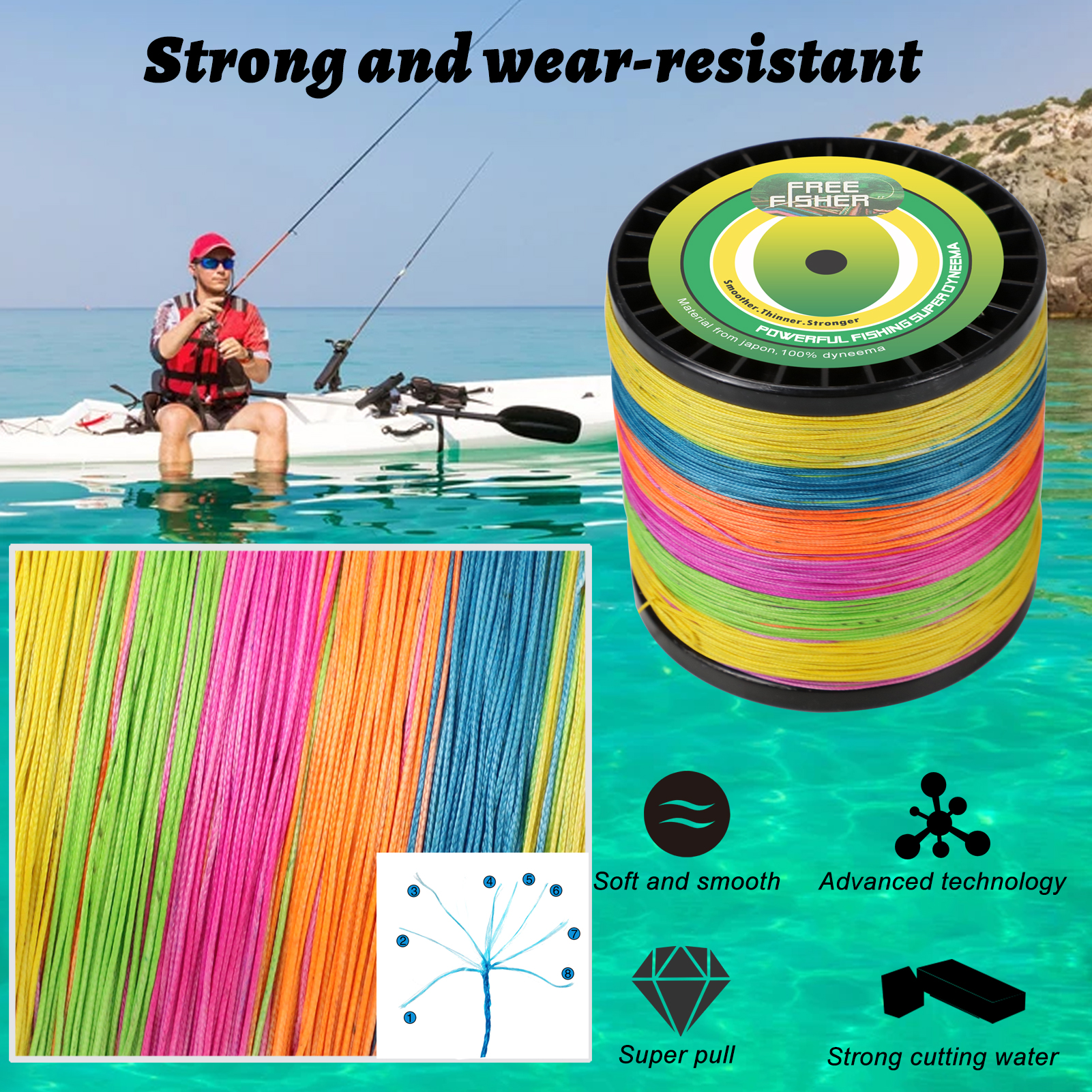 FREE FISHER 1000M PE Braided Fishing Line 8 Strands Multifilament Rope Wire 120LB 135LB 150LB Green Grey Multicolor for Sea Fishing
