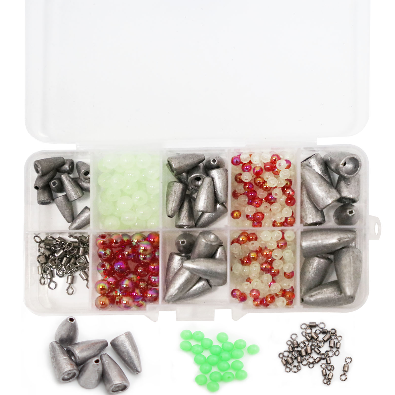 FREE FISHER 185/145pcs Fishing Weights Set Bullet Lead Sinkers Rotating Swivels Crank Hooks Luminous Beads with Clear Box for Bass/Car