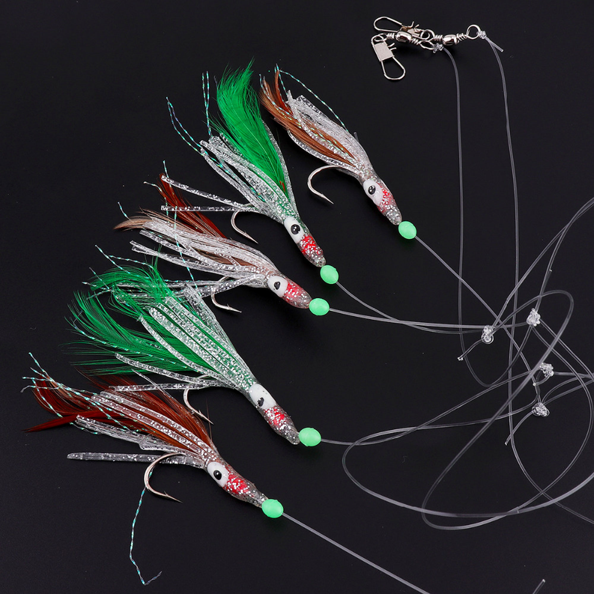 FREE FISHER 4pcs/pack Fishing Rigs String Hooks Baits Octopus Feather Lure Jig Glow Lures Nylon Line Swivels Snap Artificial Bait 1/0# Fishhook