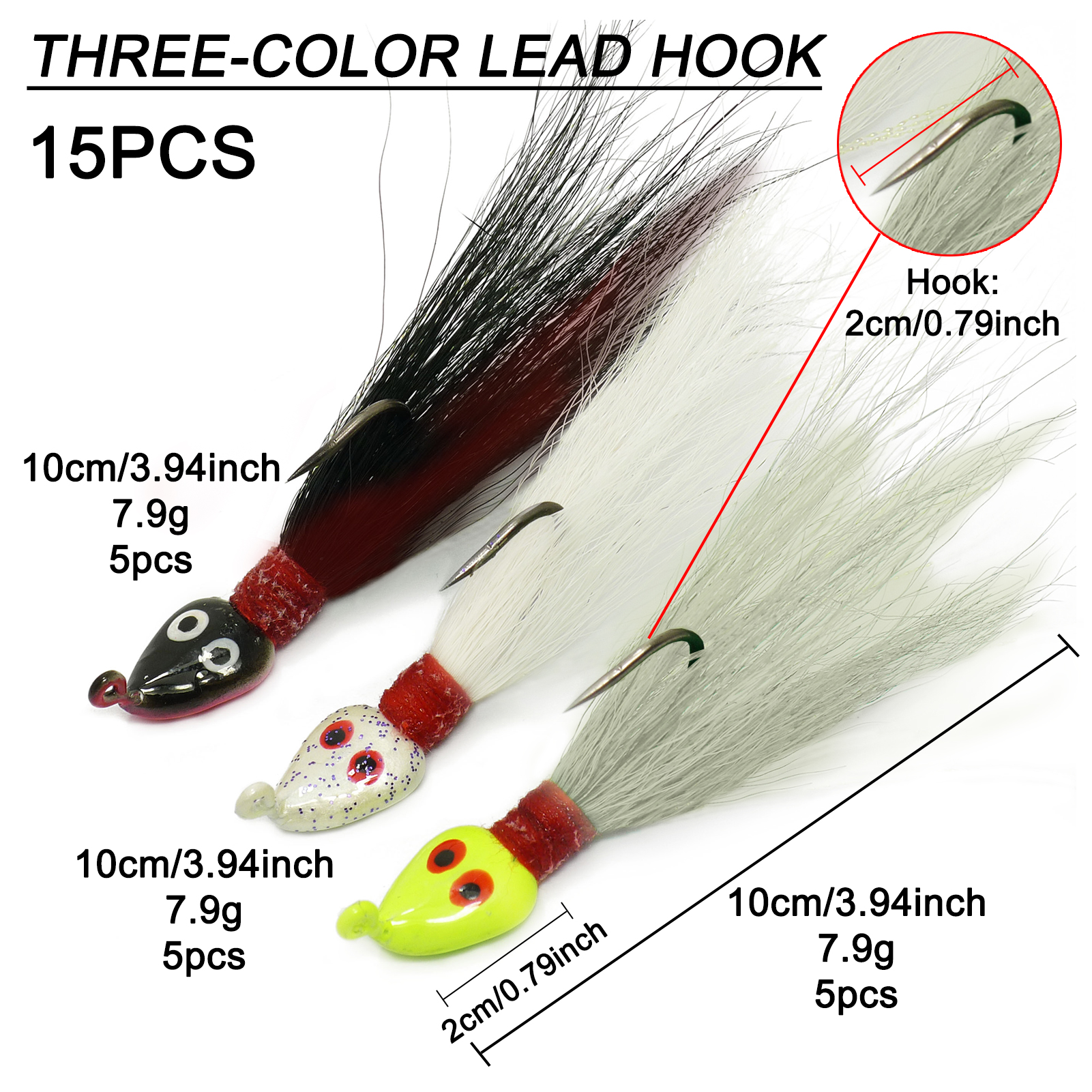 FREE FISHER 15pcs Fishing Feather Hooks Lead Head 7.9g 10cm Artificial Lures Baits Sharp Fishhook for Freshwater/Saltwater