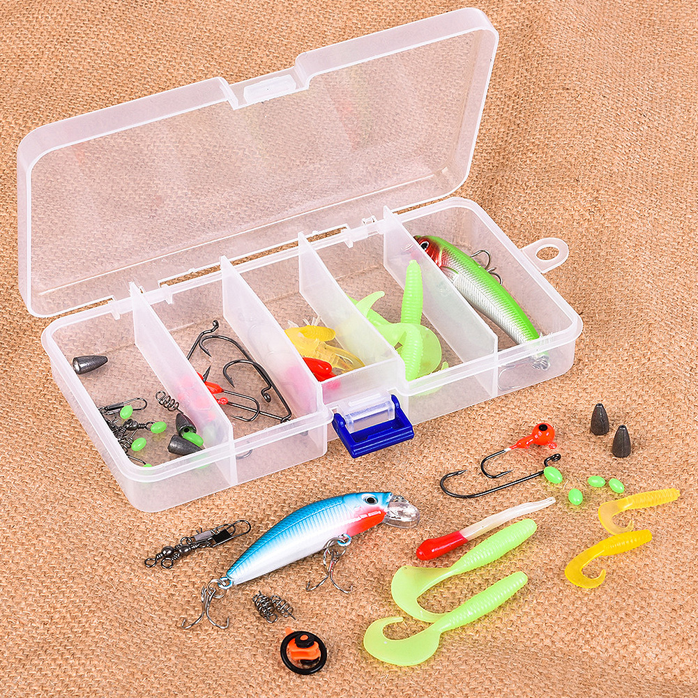 FREE FISHER Fishing Lures Set 52pcs with Box Fish Hooks Swivels Luminous Beads Accessories Lead Sinkers Jigs Minnow Soft Worms Swimbaits Kit
