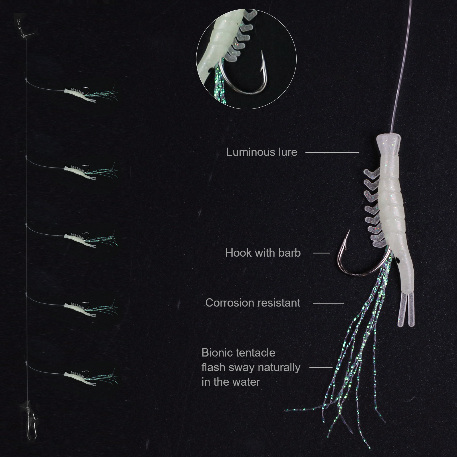 FREE FISHER 20pcs/Pack Fishing String Hooks Set 14#-1/0# Luminous Shrimp Lures Soft Octopus Baits Nylon Line Swivel Colorful Wire Fish Rigs