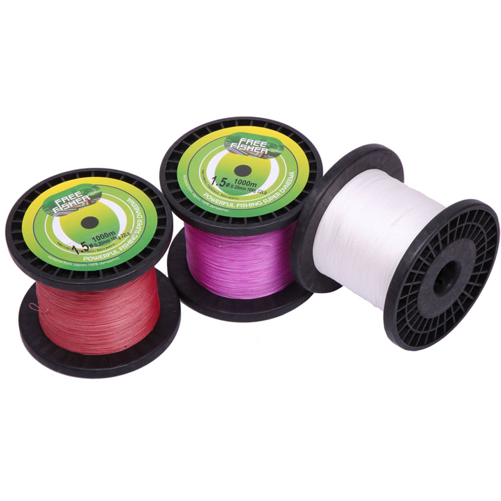 FreeFisher Fishing Braid Line 100% PE Braided Wires 1000m 4 Strands 15LB-80LB 0.14-0.5mm Super Strong Kite Line Green/Grey/Red