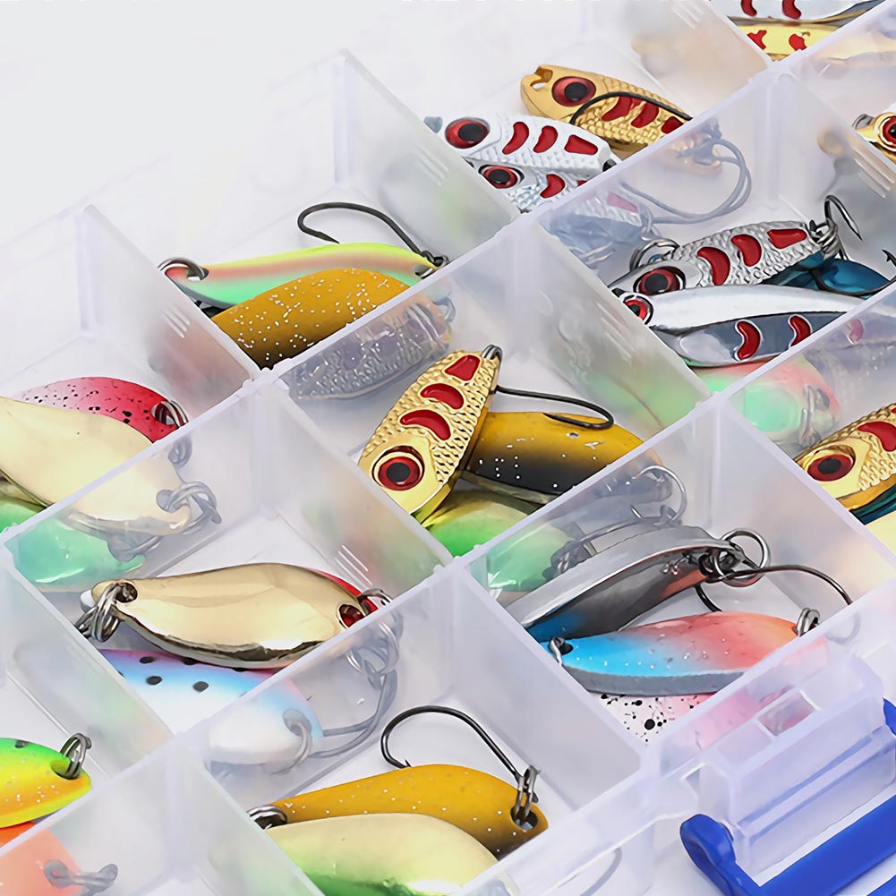 FREE FISHER Fishing Trout Bait Metal Spoon Lures Wobbler Casting Jigging Artificial Laser Spinner Baits Set Horsemouth Sequins with Fishing Tackle Box