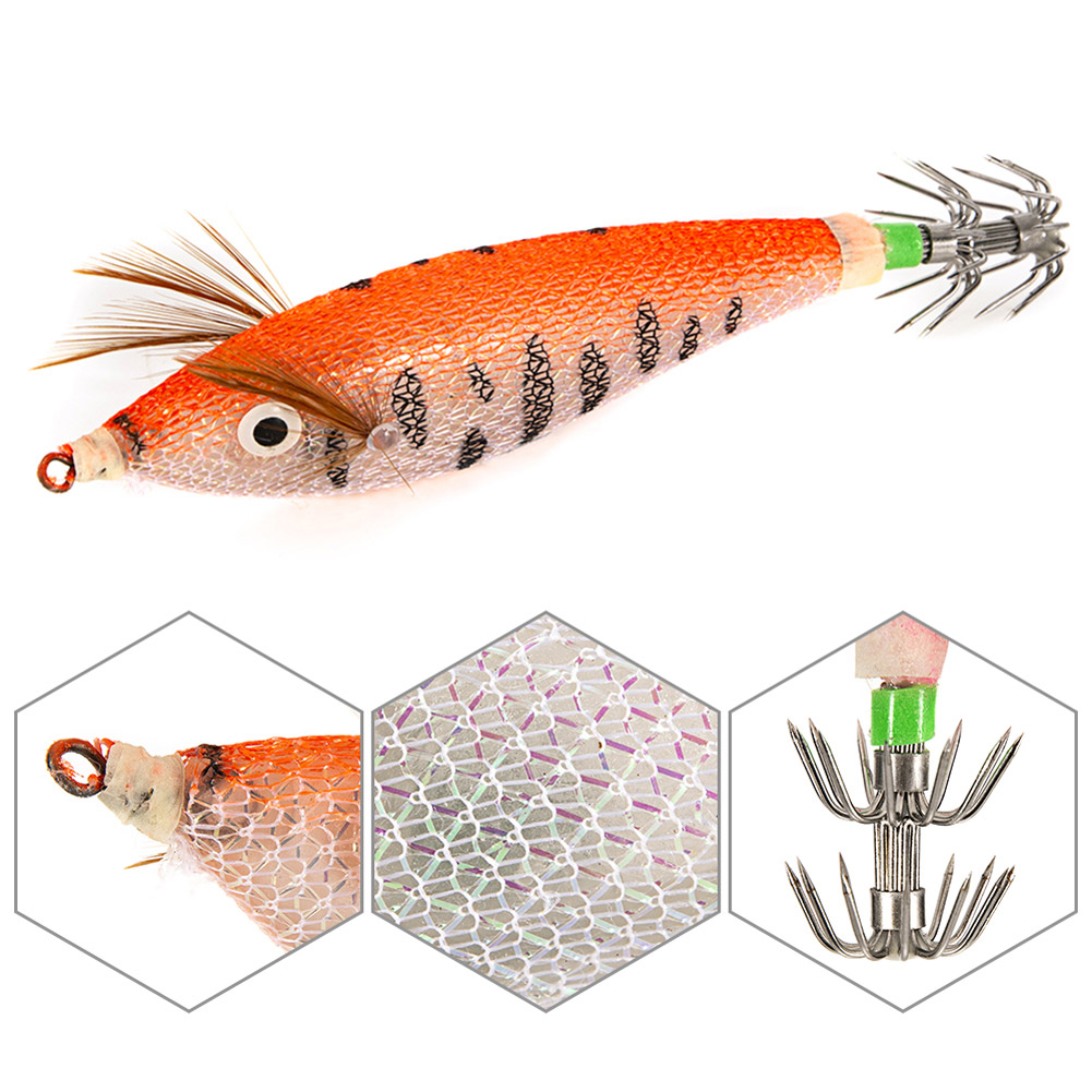 FREE FISHER Fishing Luminous Squid Wood Shrimp Lures Octopus Squids Cuttlefish Jigs Lures Spinnerbait Wood Shrimp Jig Hooks for Sea Fishing