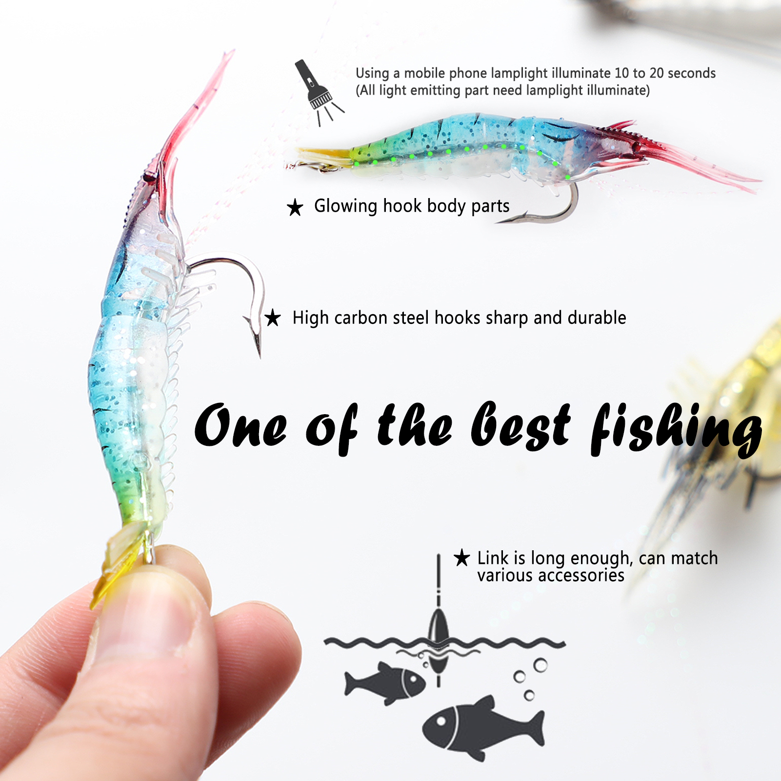 FREE FISHER Fishing Baits 15Pcs Soft Shrimp Lures 9cm 5.5g Luminous Artificial Baits Silicone with Single Hook Swivel Bead Anzois Rigs