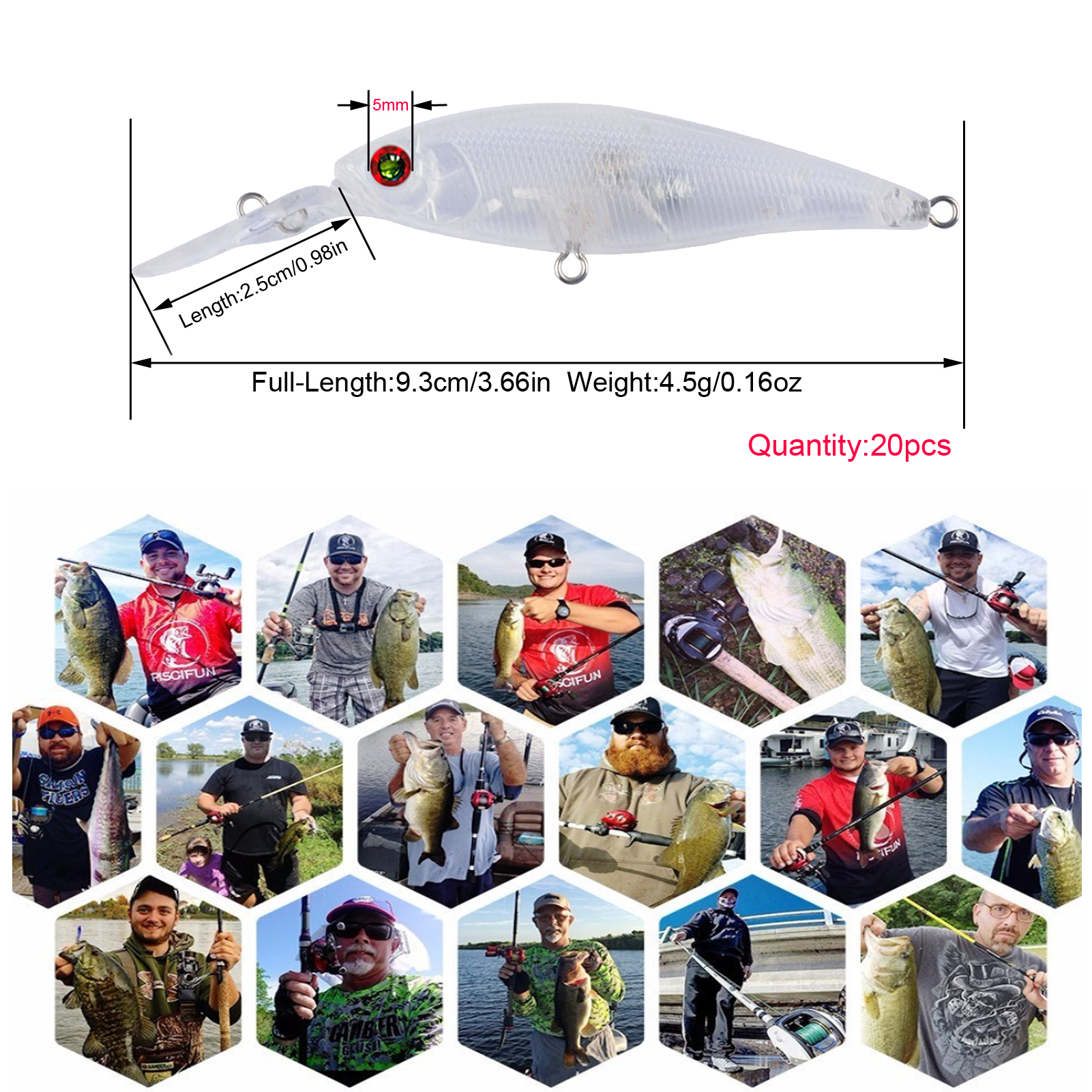 FREE FISHER 20pcs Fishing Unpainted Lures Transparent Blank Bait Embryo 9.3cm 4.5g DIY Minnows Rattles ABS Hard Artificial Baits with 3D Eyes