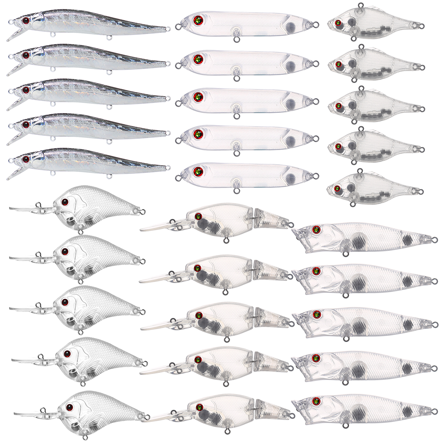 FREE FISHER 30pcs Mixed Unpainted Lures Fishing Blank Baits Set Crankbaits Minnows Pencil Blures VIB Clear Baits Naked Bait Embryo with 3D Eyes