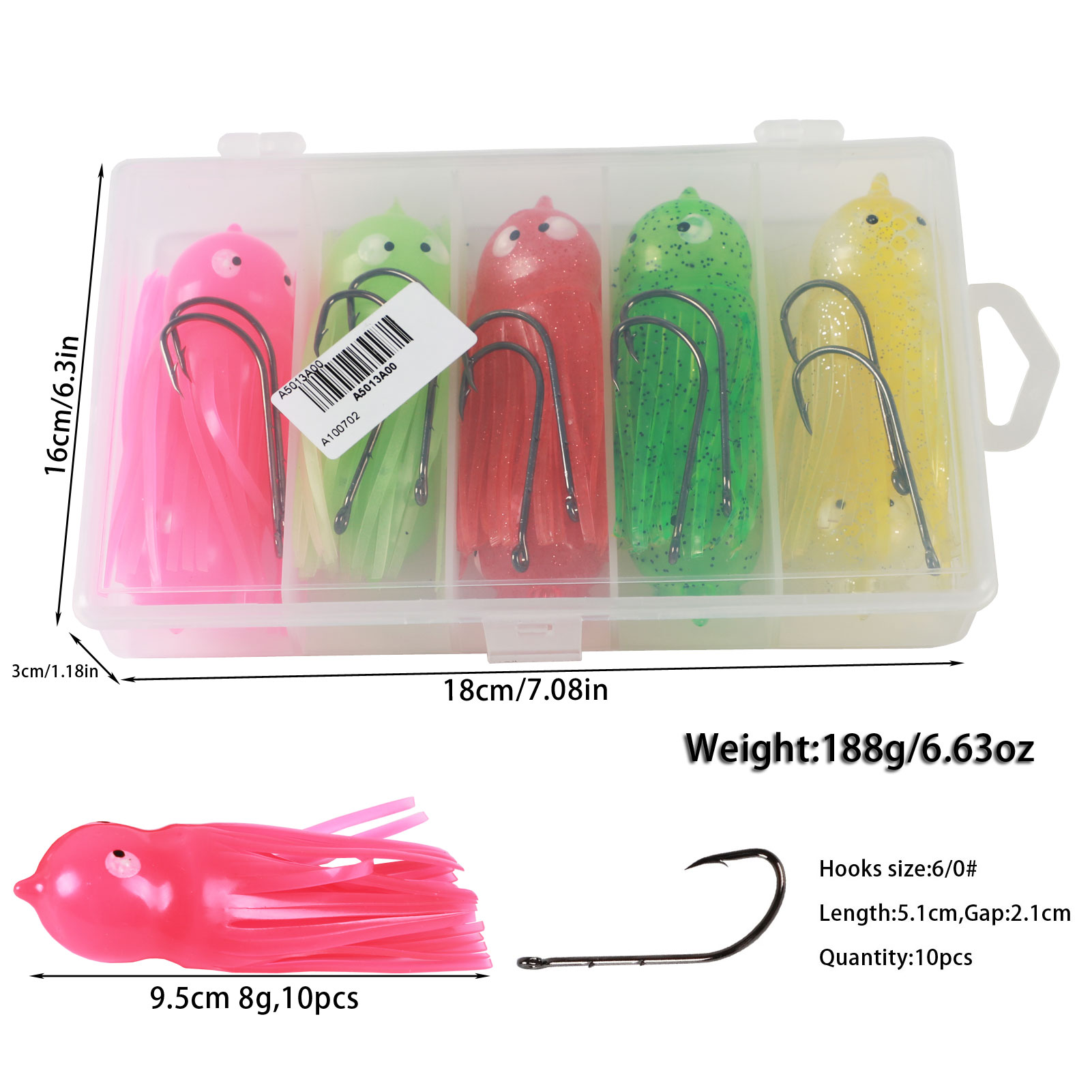 FREE FISHER 10pcs Octopus Soft Baits Fishing Soft Skirt Squid Tuna Fishing Baits/Lures 9.5cm/8g Luminous Artificial Bait Fishing Tackle 10pcs hooks with Box