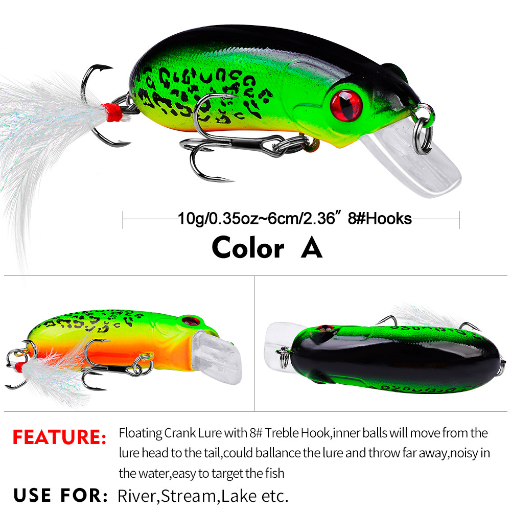 FREE FISHER 9pcs Fishing Crank Lure Mini Minnows 10g/62mm Fishing Hard Baits Floating Popper Artificial Bright Color with Feather Treble Hooks