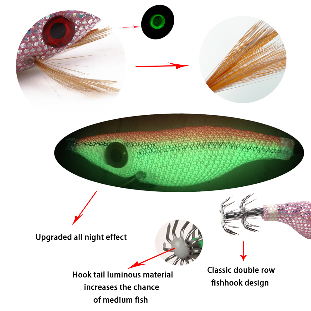 FREE FISHER 10pcs/Lot Fishing Hard Lures 10cm 9.2g Wood Shrimp Luminous Shrimp Squid Needle Octopus Hooks Squid Shrimp Lure Baits