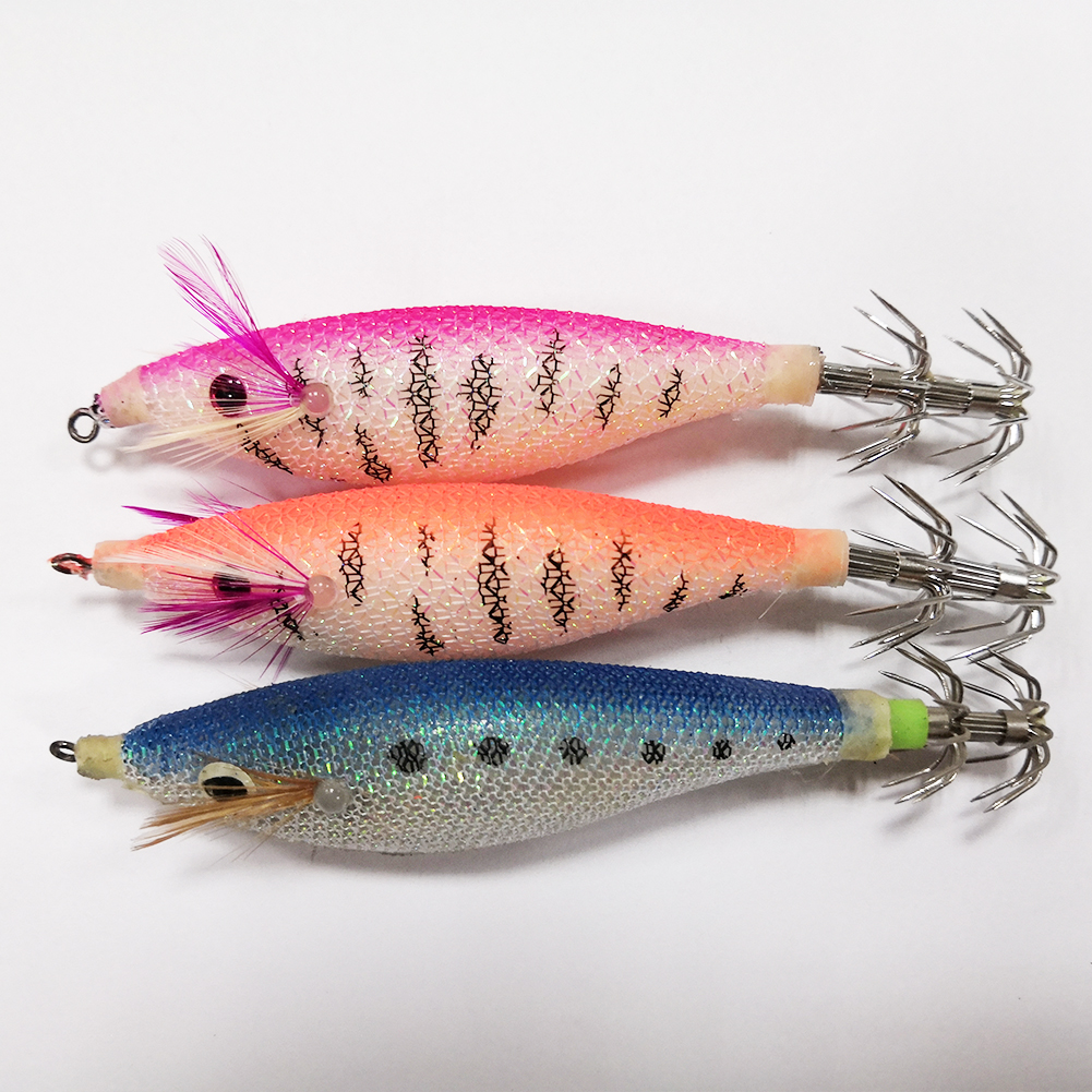 FREE FISHER 6pcs/Set Fishing Lure Luminous Squid Jig Fishing Wood Shrimp Lure Squid Cuttlefish Jigging Baits Octopus Hooks Saltwater