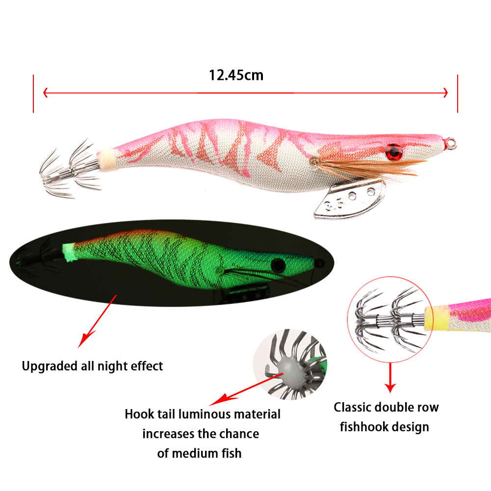 FREE FISHER 27 Pieces Artificial Luminous Wood Shrimp Squid Jigs 10-12.5cm 9-22.5g Cuttlefish Jigging Baits Octopus Hooks Saltwater
