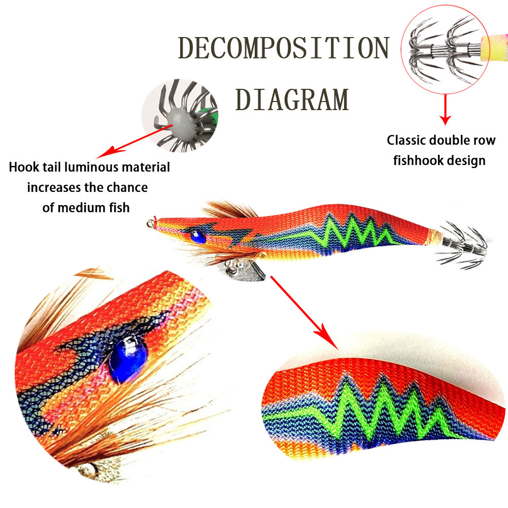 FREE FISHER 27 Pieces Artificial Luminous Wood Shrimp Squid Jigs 10-12.5cm 9-22.5g Cuttlefish Jigging Baits Octopus Hooks Saltwater