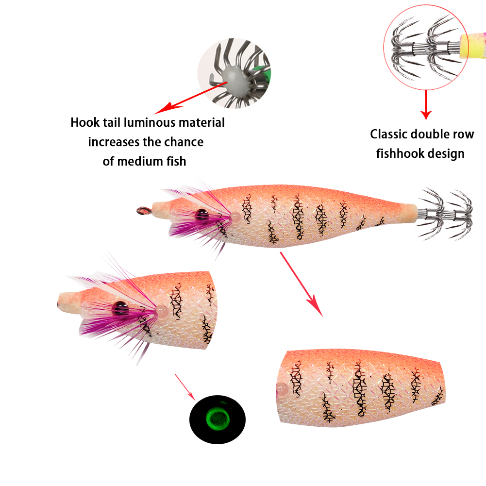 FREE FISHER 27 Pieces Artificial Luminous Wood Shrimp Squid Jigs 10-12.5cm 9-22.5g Cuttlefish Jigging Baits Octopus Hooks Saltwater