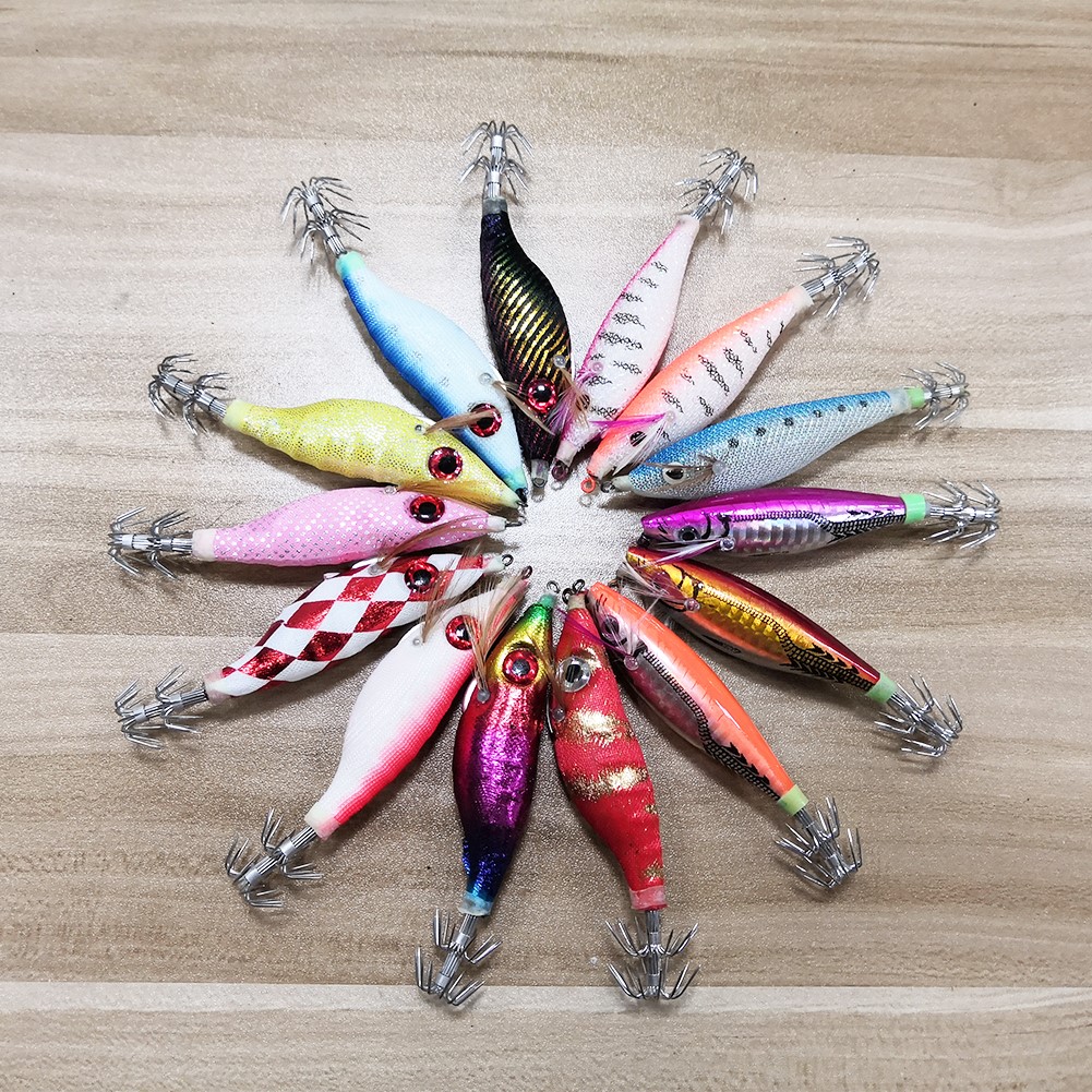 FREE FISHER 27 Pieces Artificial Luminous Wood Shrimp Squid Jigs 10-12.5cm 9-22.5g Cuttlefish Jigging Baits Octopus Hooks Saltwater