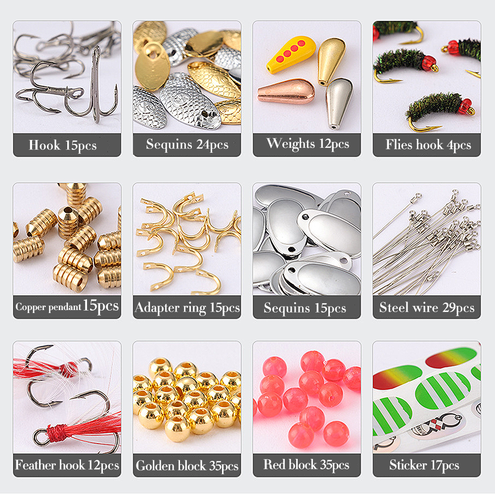 FREE FISHER 228pcs Fishing Spinnerbaits Accessories DIY Rotating Sequins Assembly with Lead Sinkers Feather Hooks Beads Steel Wire for Bass Trout 