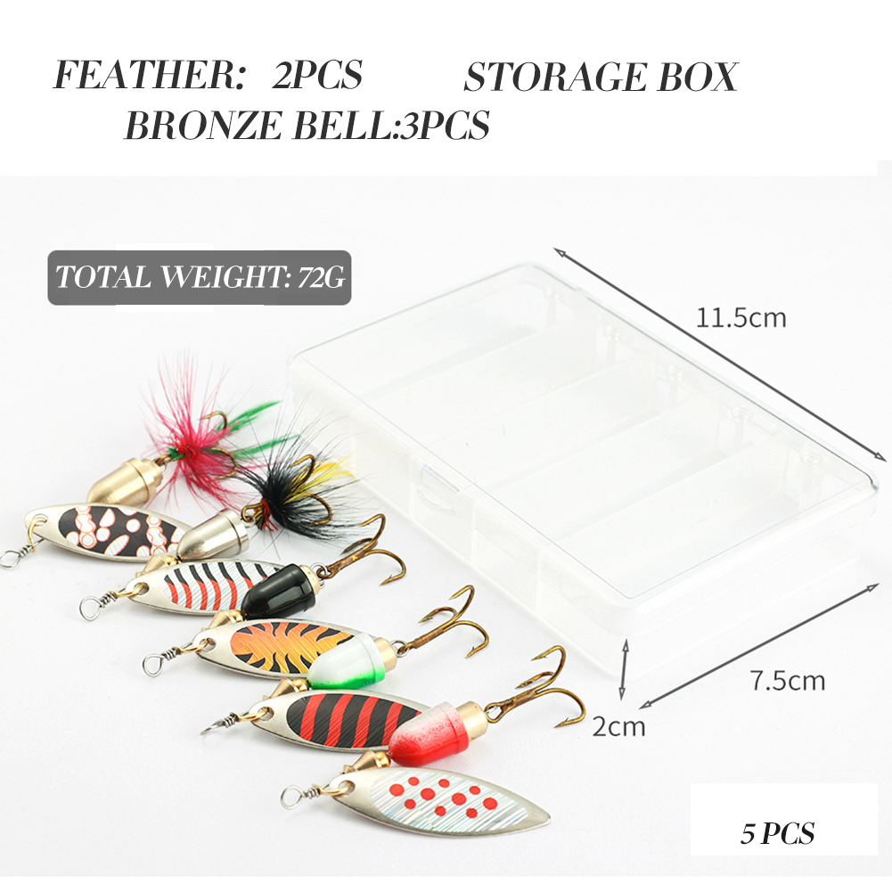 FREE FISHER 5pcs Metal Composite Sequins Set with Feather Hooks Rotating Fishing Spinnerbaits 7g Iscas Artificial Spinner Spoons Bass Trout Perch Lures
