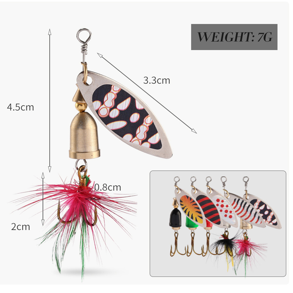FREE FISHER 5pcs Metal Composite Sequins Set with Feather Hooks Rotating Fishing Spinnerbaits 7g Iscas Artificial Spinner Spoons Bass Trout Perch Lures
