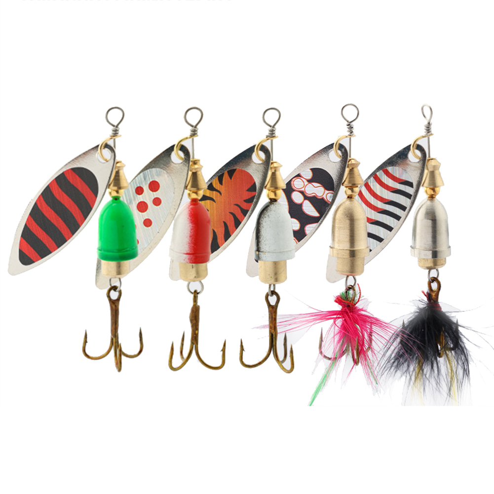 FREE FISHER 5pcs Metal Composite Sequins Set with Feather Hooks Rotating Fishing Spinnerbaits 7g Iscas Artificial Spinner Spoons Bass Trout Perch Lures