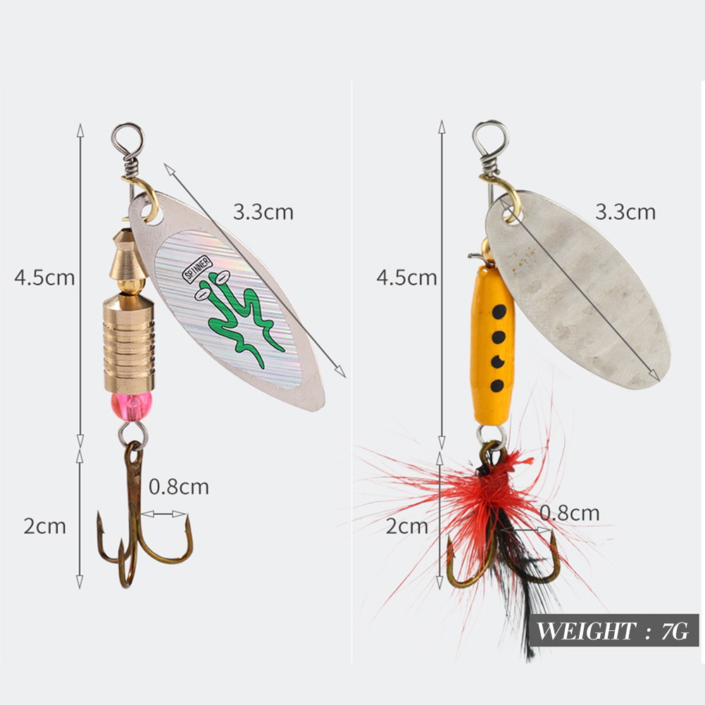FREE FISHER 5pcs Metal Composite Sequins Set with Feather Hooks Rotating Fishing Spinnerbaits 7g Iscas Artificial Spinner Spoons Bass Trout Perch Lures