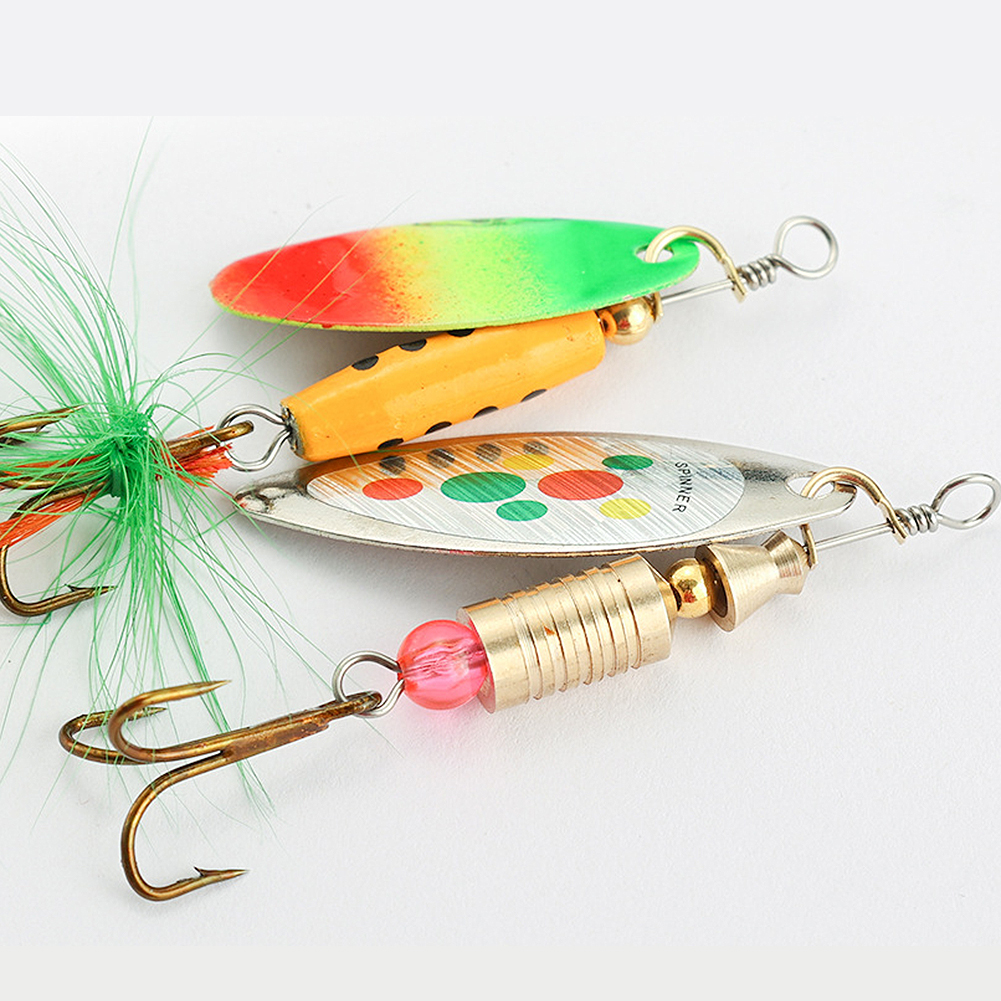 FREE FISHER 5pcs Metal Composite Sequins Set with Feather Hooks Rotating Fishing Spinnerbaits 7g Iscas Artificial Spinner Spoons Bass Trout Perch Lures