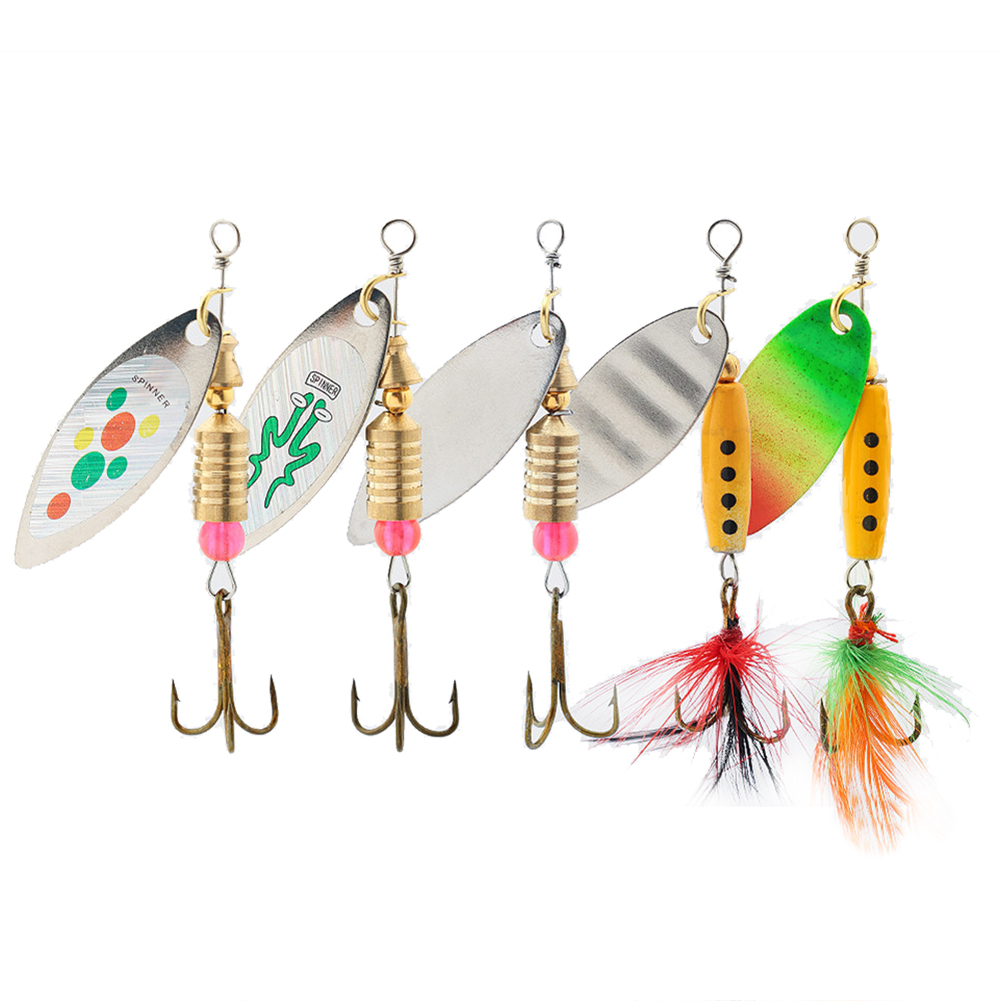 FREE FISHER 5pcs Metal Composite Sequins Set with Feather Hooks Rotating Fishing Spinnerbaits 7g Iscas Artificial Spinner Spoons Bass Trout Perch Lures
