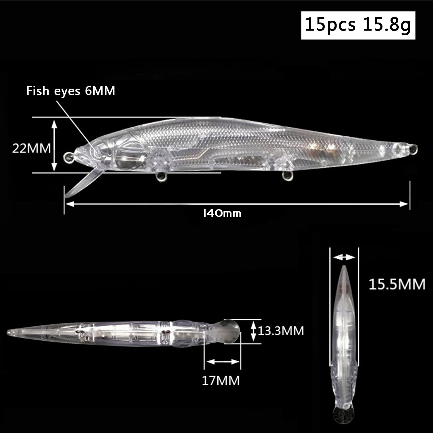 FREE FISHER 15pcs Fishing Big Minnows Unpainted Lures DIY Blank Bait Embryo Clear Plastic Hard Jerkbaits 14cm 15.8g with 5mm 3D Eyes