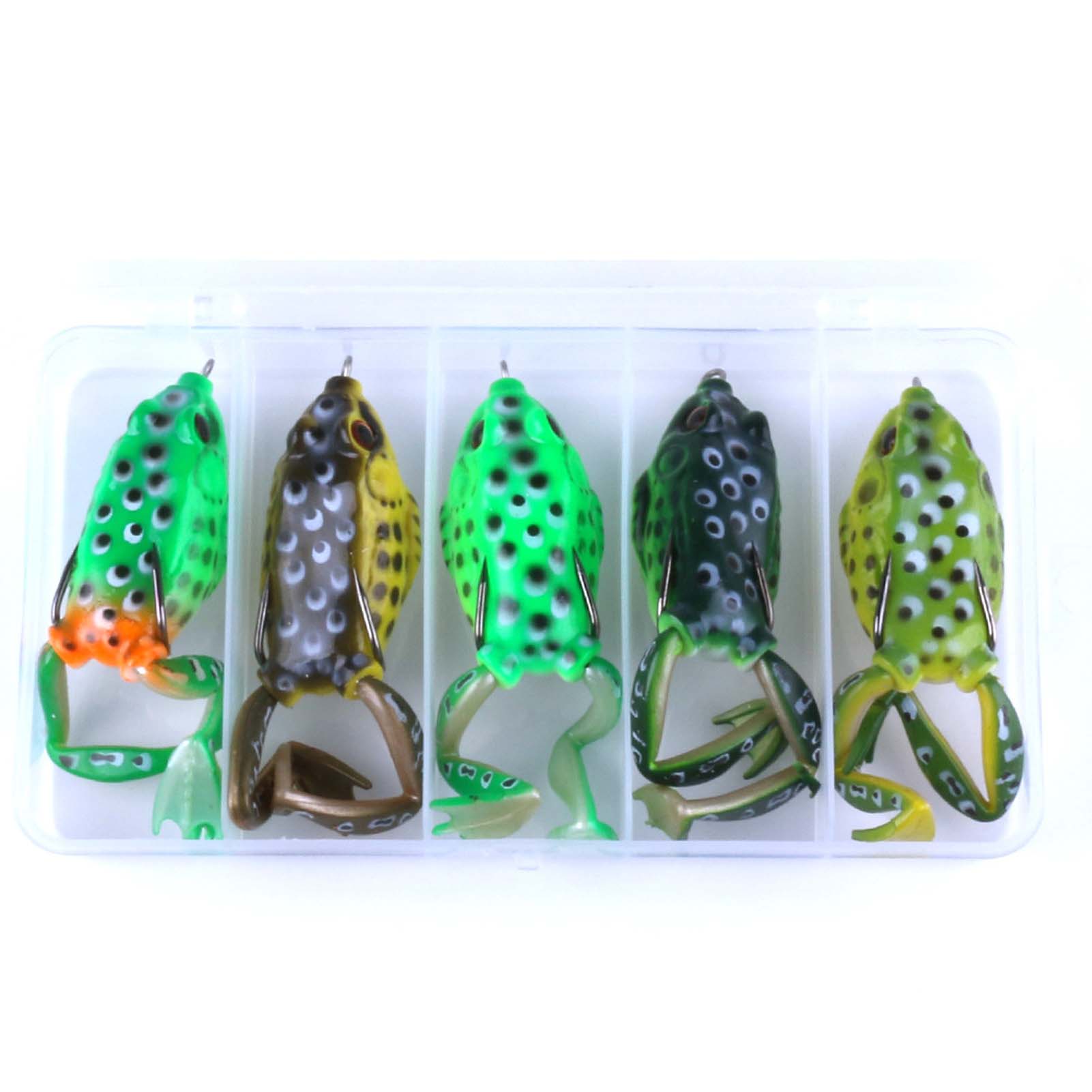 FREE FISHER 5pcs Fishing Frogs Set Soft Baits Snakehead Lure Topwater Simulation Thunder Frogs Lures with 5 Grids Plastic Box for Bass/Pike