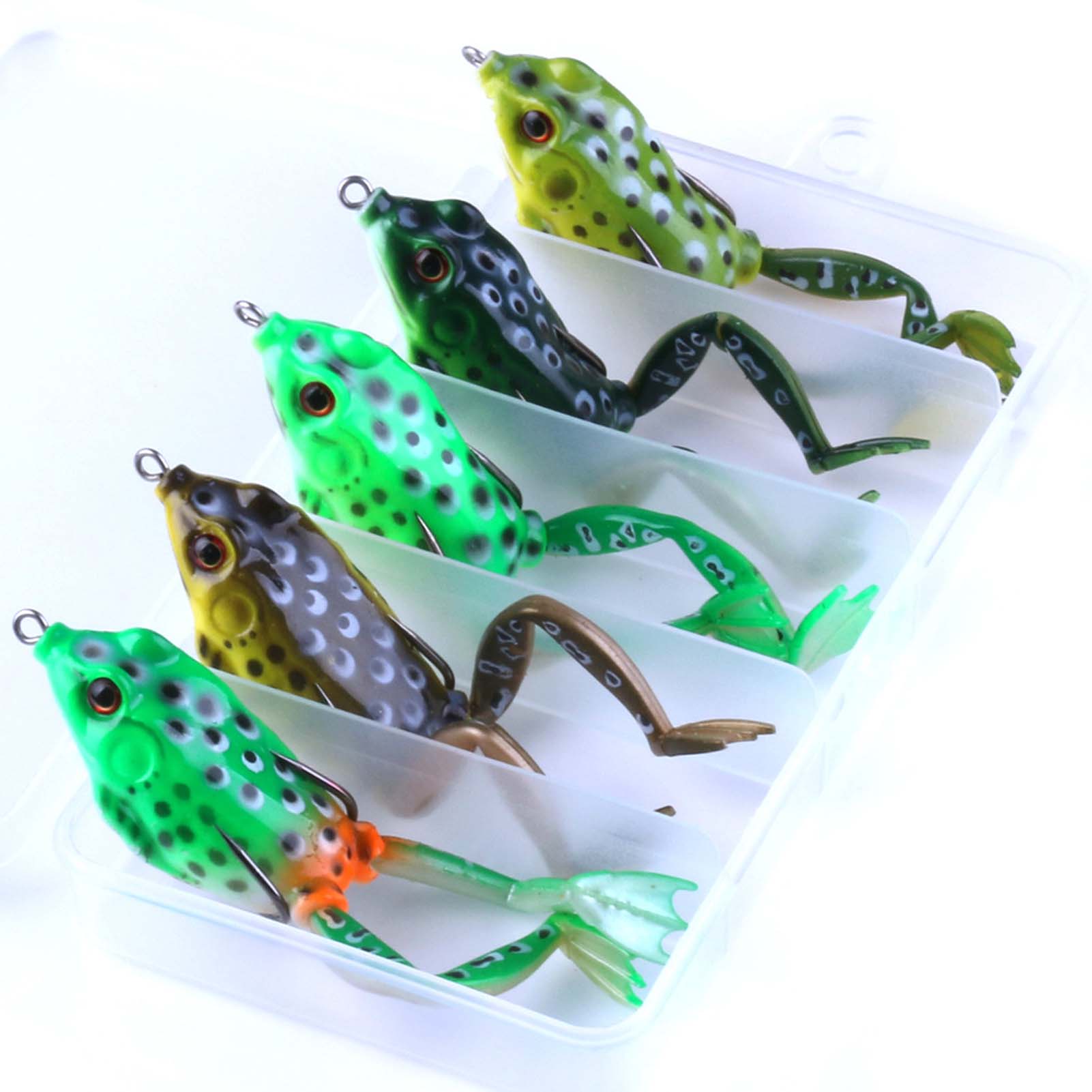 FREE FISHER 5pcs Fishing Frogs Set Soft Baits Snakehead Lure Topwater Simulation Thunder Frogs Lures with 5 Grids Plastic Box for Bass/Pike