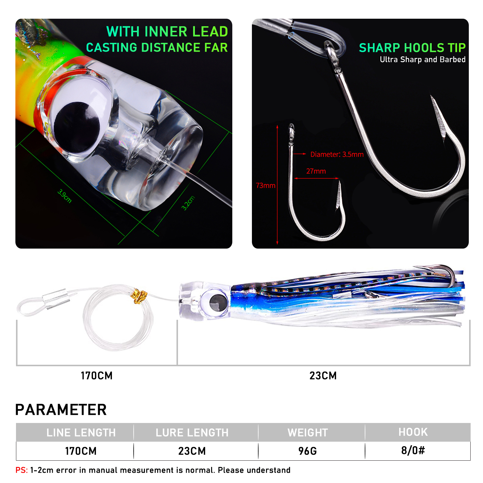 Big Game for Sea Fishing Squid Lures Soft Skirt 23cm 96g Octopus Trolling Artificial Baits for Tuna Marlin Crankbaits Saltwater