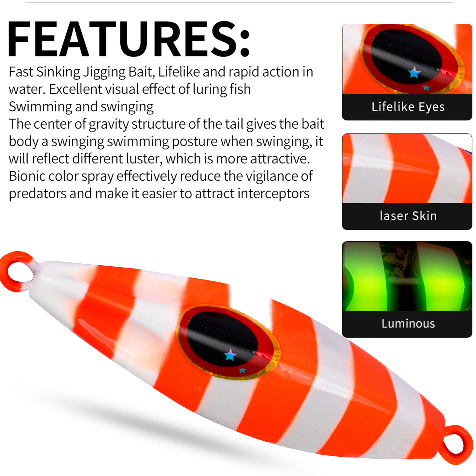 1pcs Sea Fishing Luminous Lures 30-120g Long Shot JIG Artificial Wobbler Metal Hard Bait with Lifelike 3D Eye Slow Sinking Saltwater