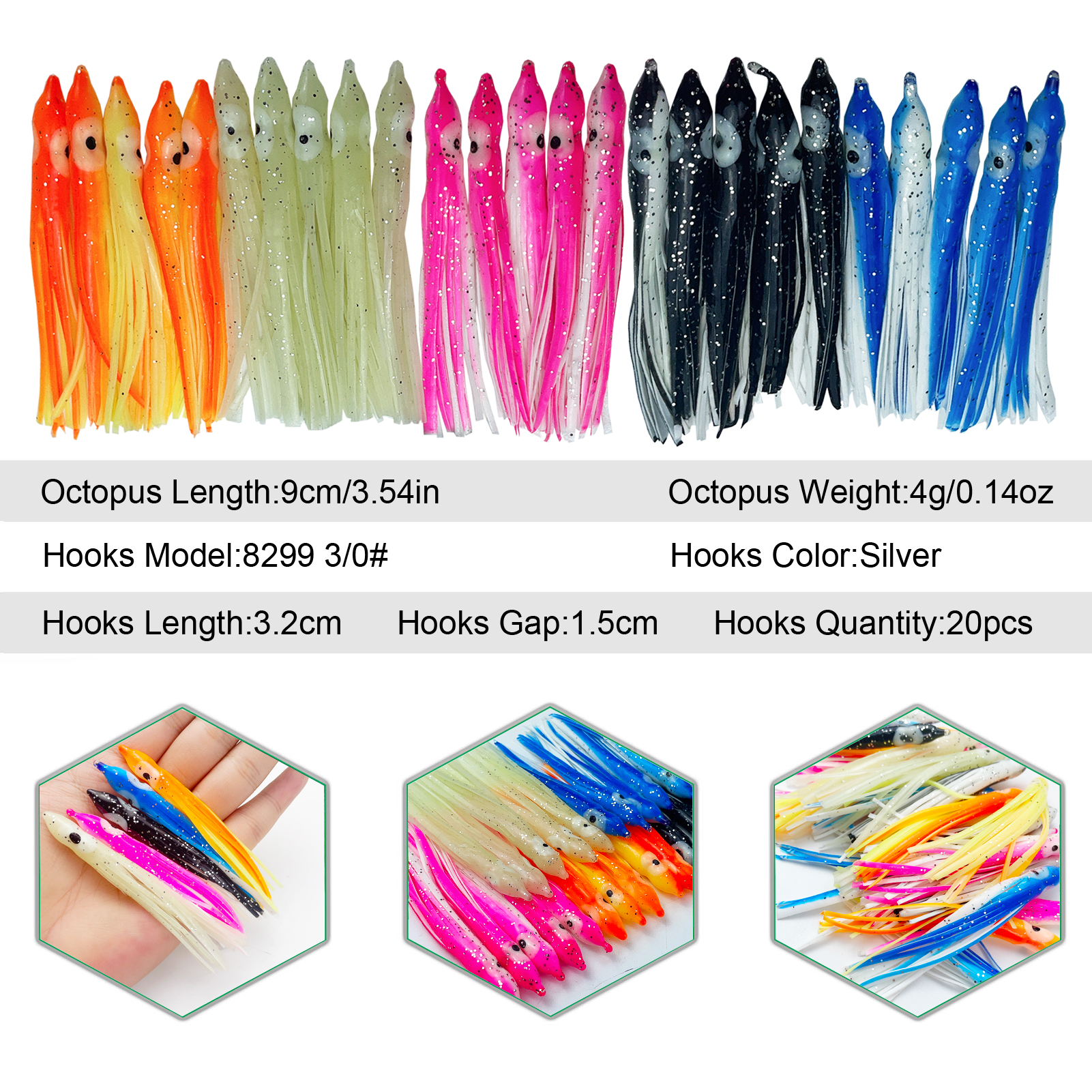 FREE FISHER 25pcs 9cm 4g Fishing Soft Octopus Lures with 3/0# 8299 Silver Hooks Luminous PVC Skrits Squids Artificial Baits Pesca