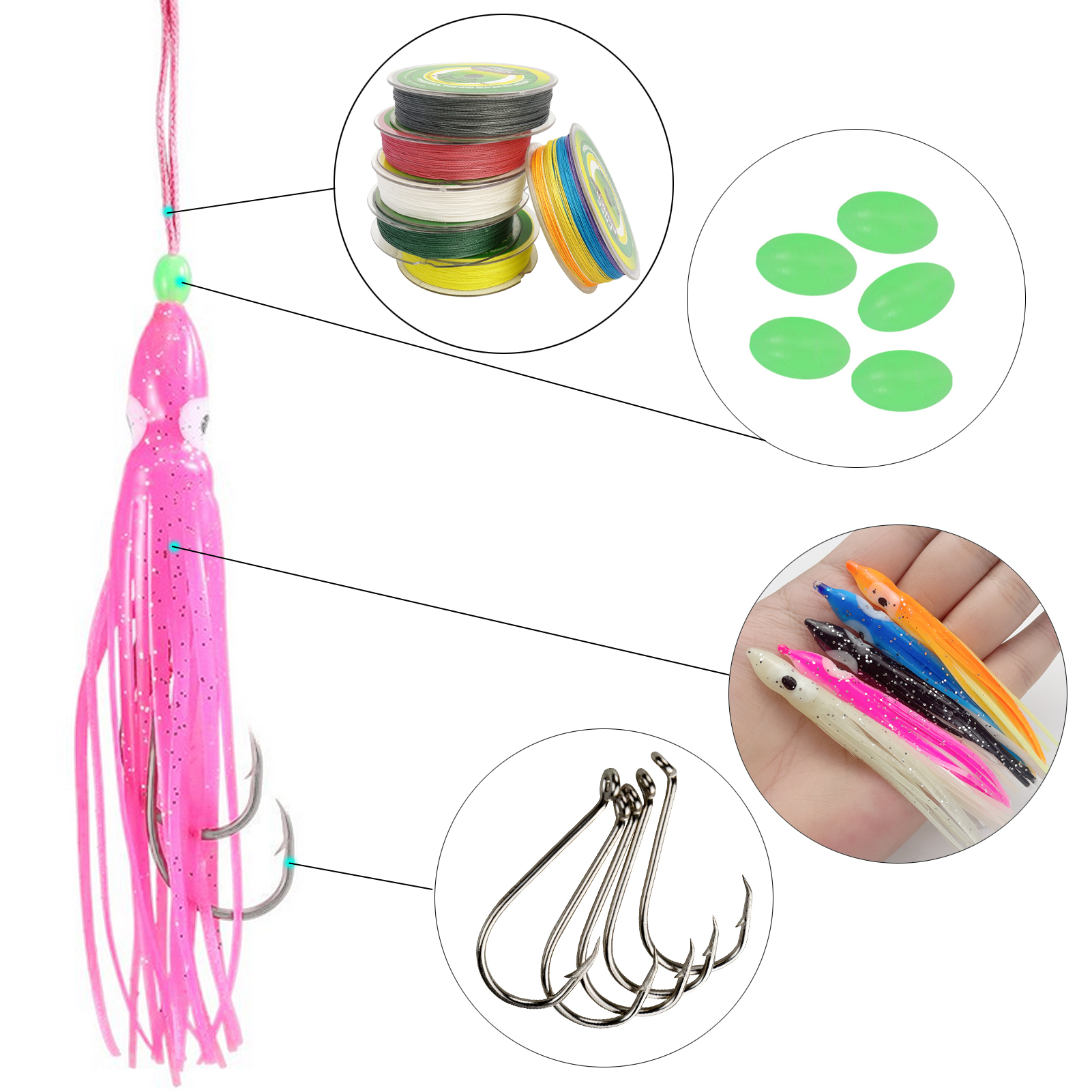 FREE FISHER 25pcs 9cm 4g Fishing Soft Octopus Lures with 3/0# 8299 Silver Hooks Luminous PVC Skrits Squids Artificial Baits Pesca