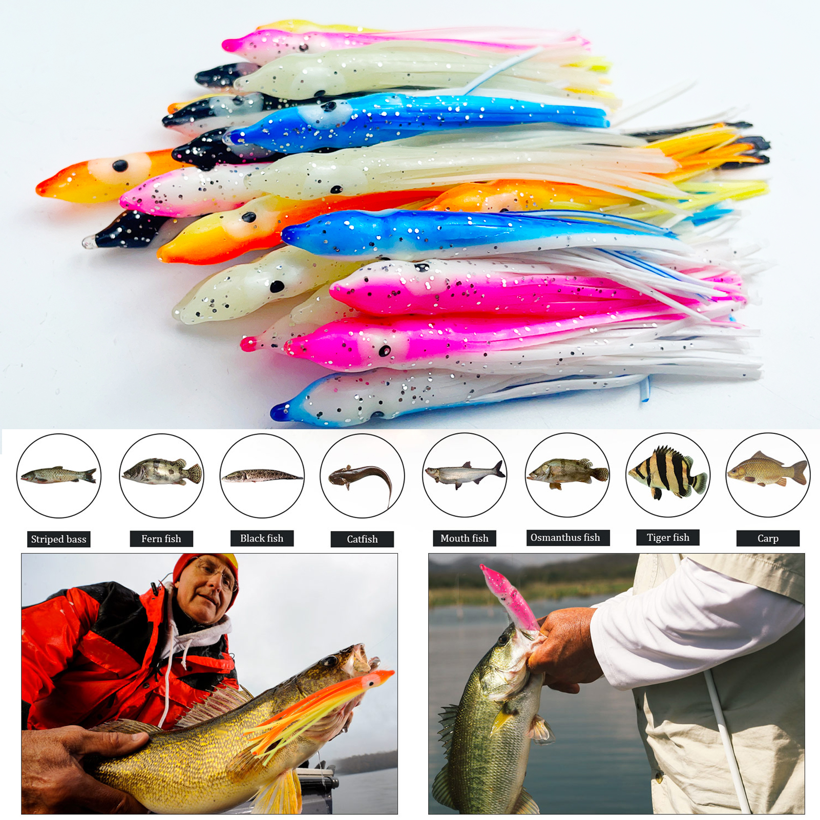 FREE FISHER 25pcs 9cm 4g Fishing Soft Octopus Lures with 3/0# 8299 Silver Hooks Luminous PVC Skrits Squids Artificial Baits Pesca