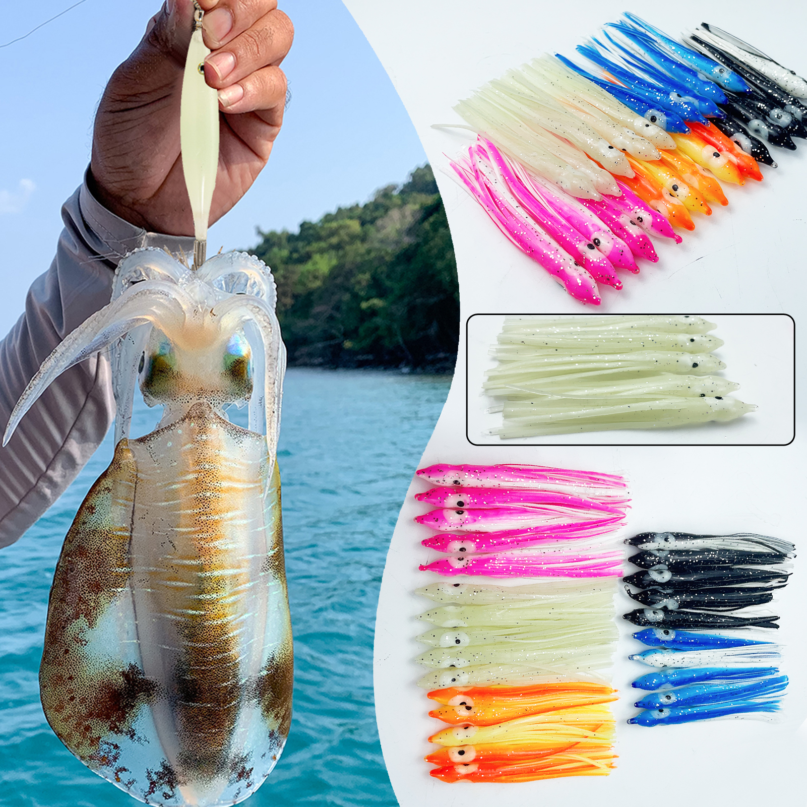 FREE FISHER 25pcs 9cm 4g Fishing Soft Octopus Lures with 3/0# 8299 Silver Hooks Luminous PVC Skrits Squids Artificial Baits Pesca